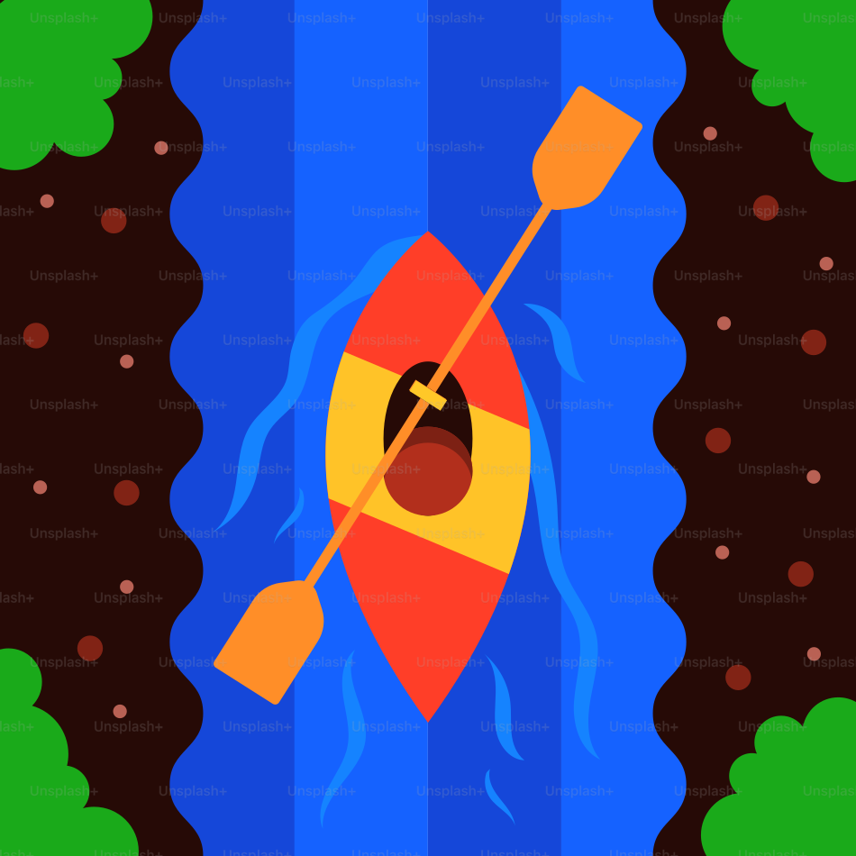 Ein Kajak treibt einen Fluss hinunter.