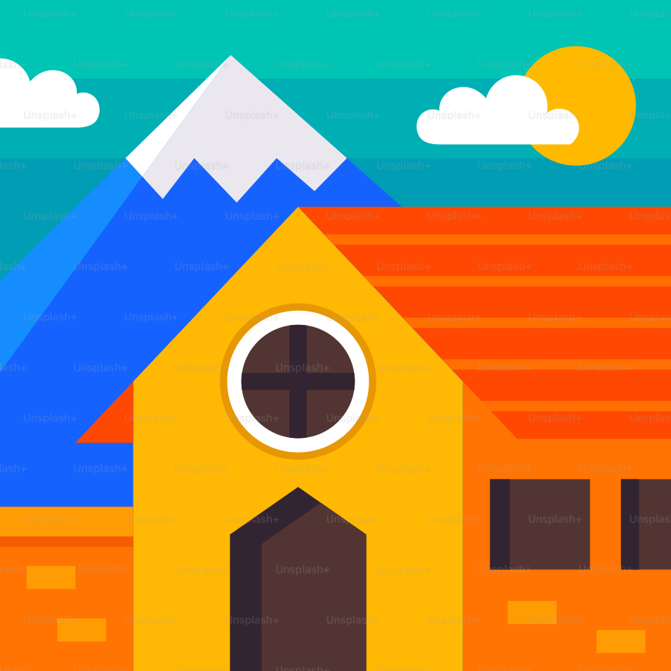 Uma casa colorida fica em frente às montanhas