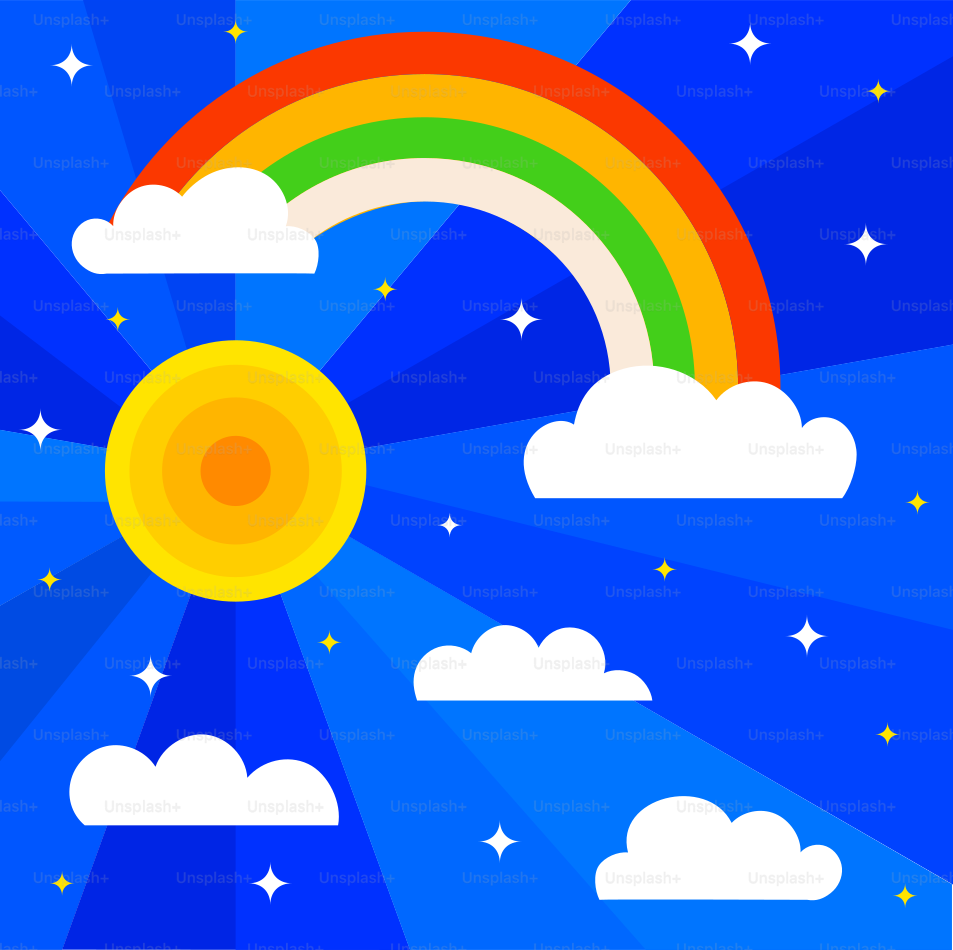 A bright sun, rainbow, and clouds in the sky.
