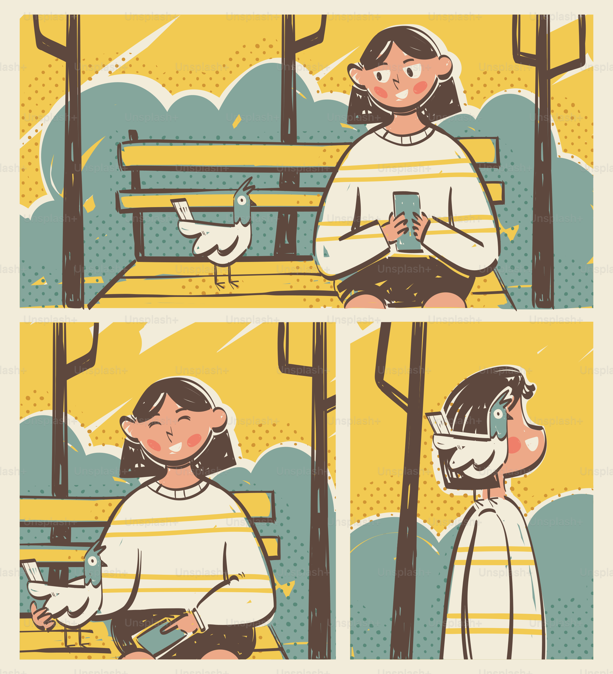 A girl is distracted by her phone and a bird.