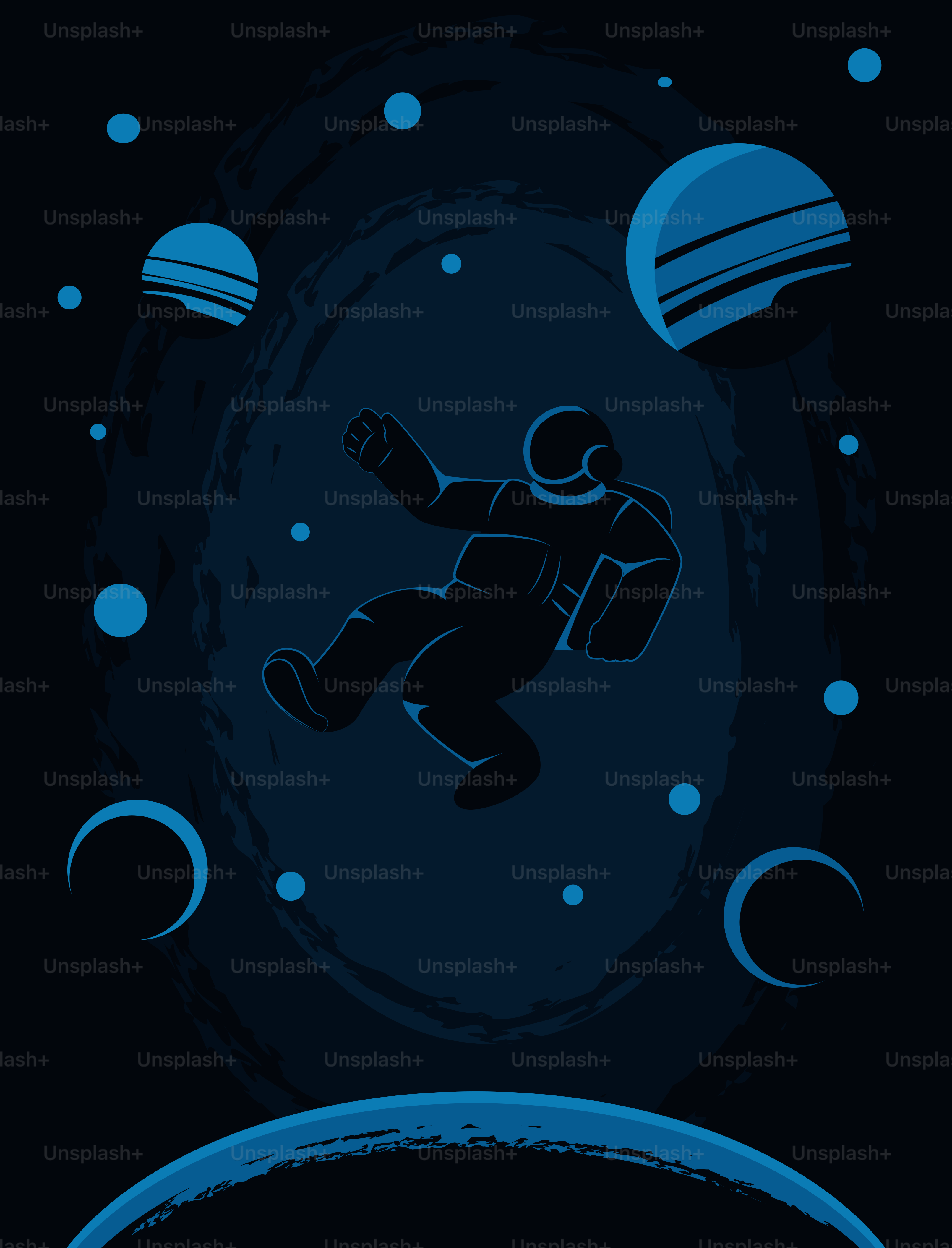 Astronaut floats among planets and stars.