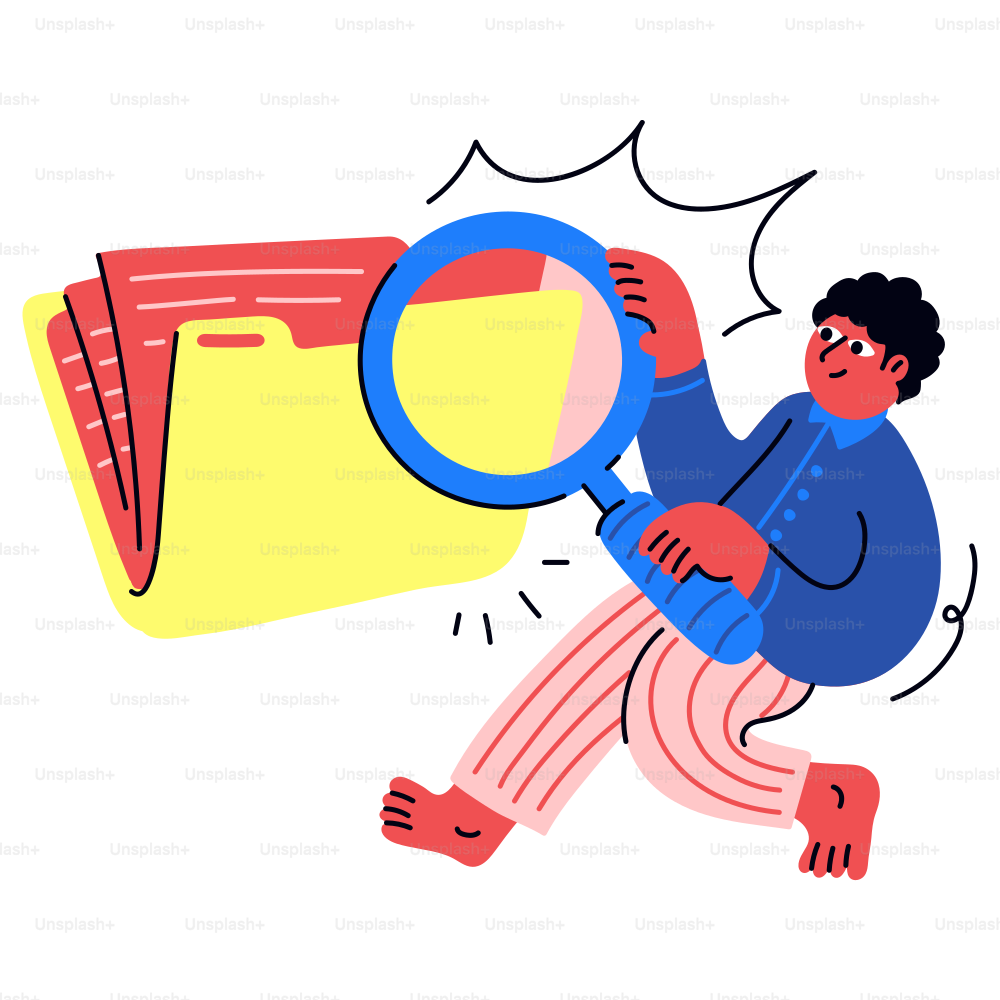 その人は虫眼鏡でファイルの情報を探す。
