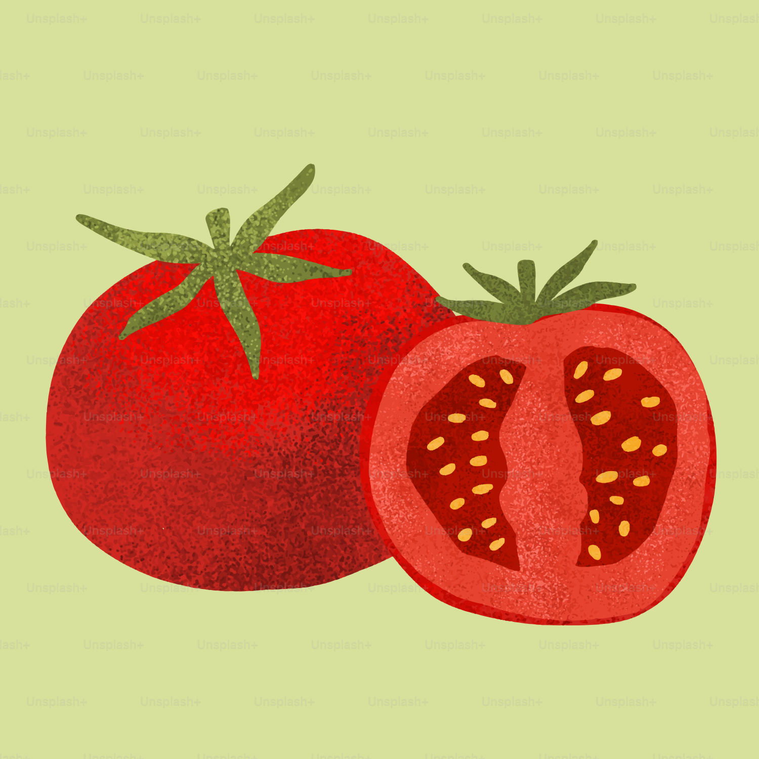 Eine ganze Tomate und eine geschnittene Tomate.