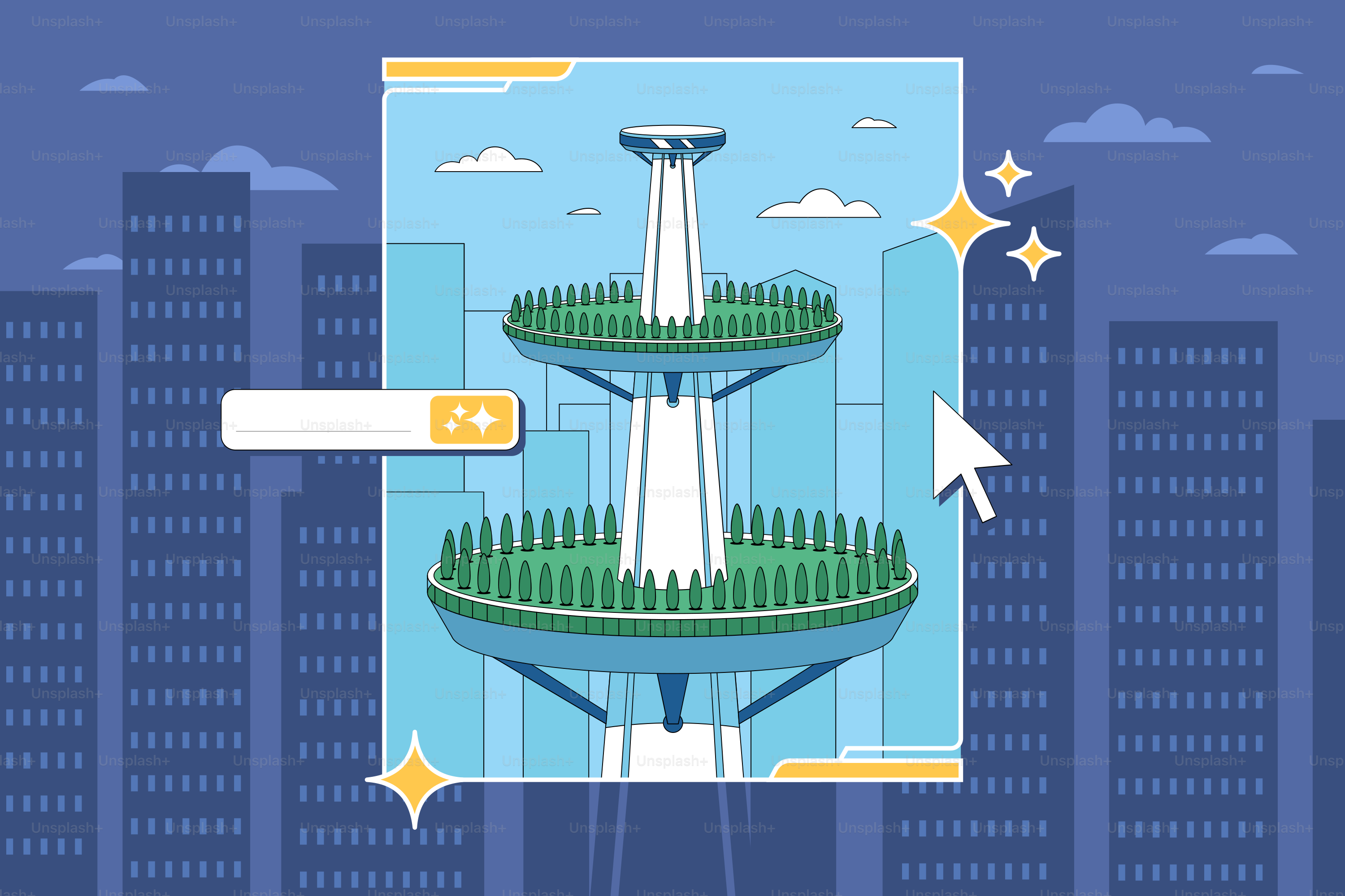 미래지향적인 건물 디자인이 도시 위로 솟아 있습니다.