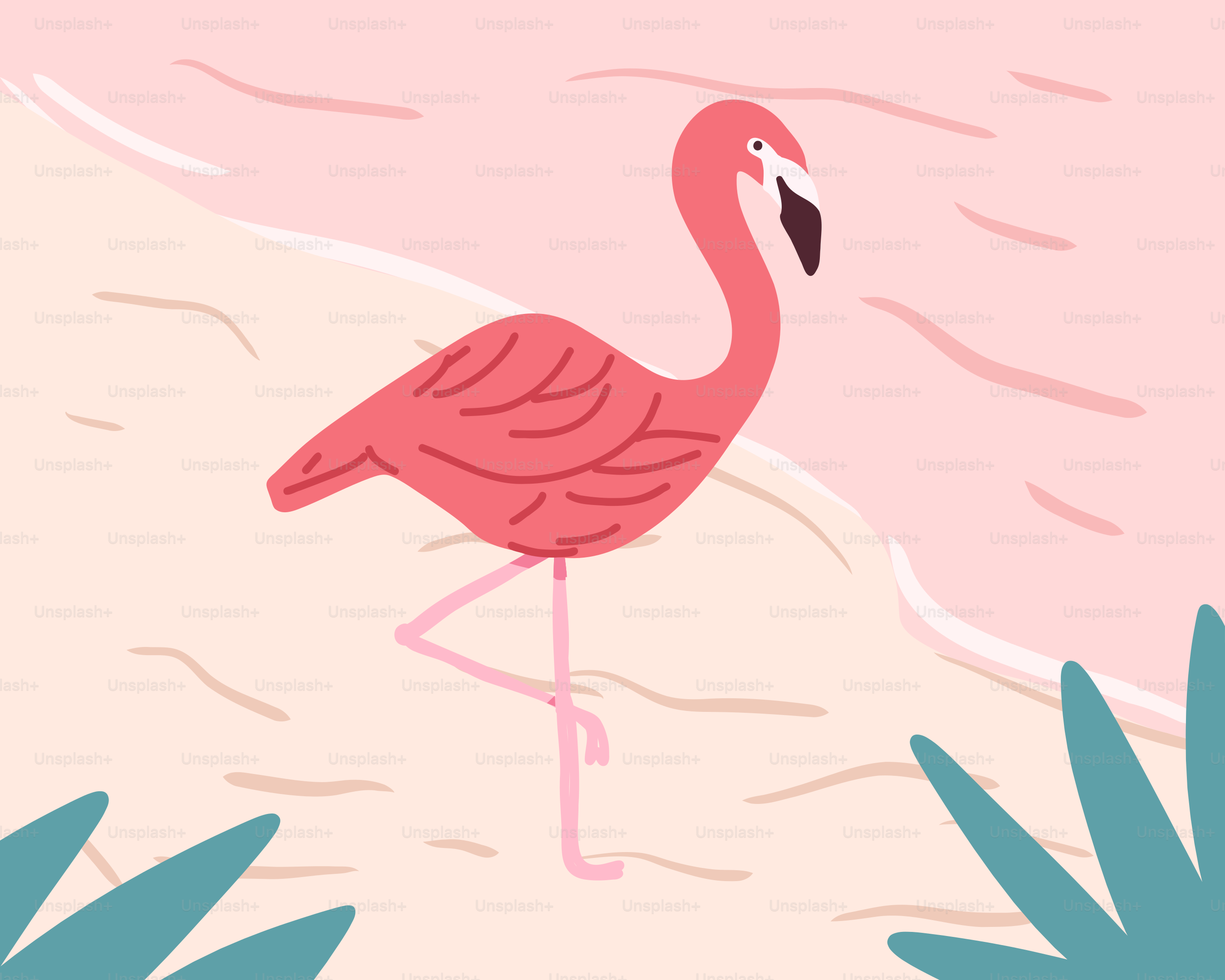 A pink flamingo stands in the water.