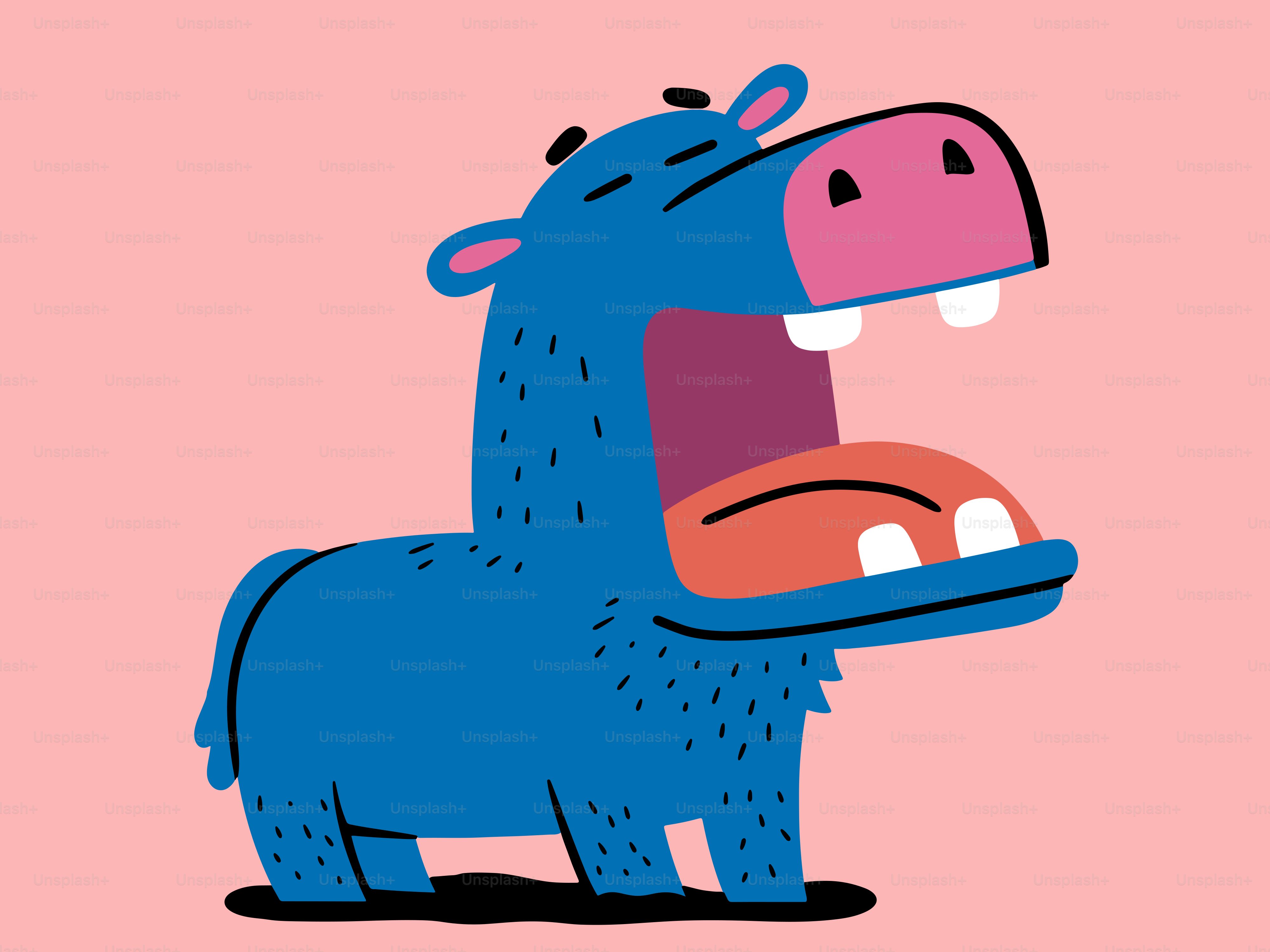 Um hipopótamo de desenho animado com a boca grande aberta.