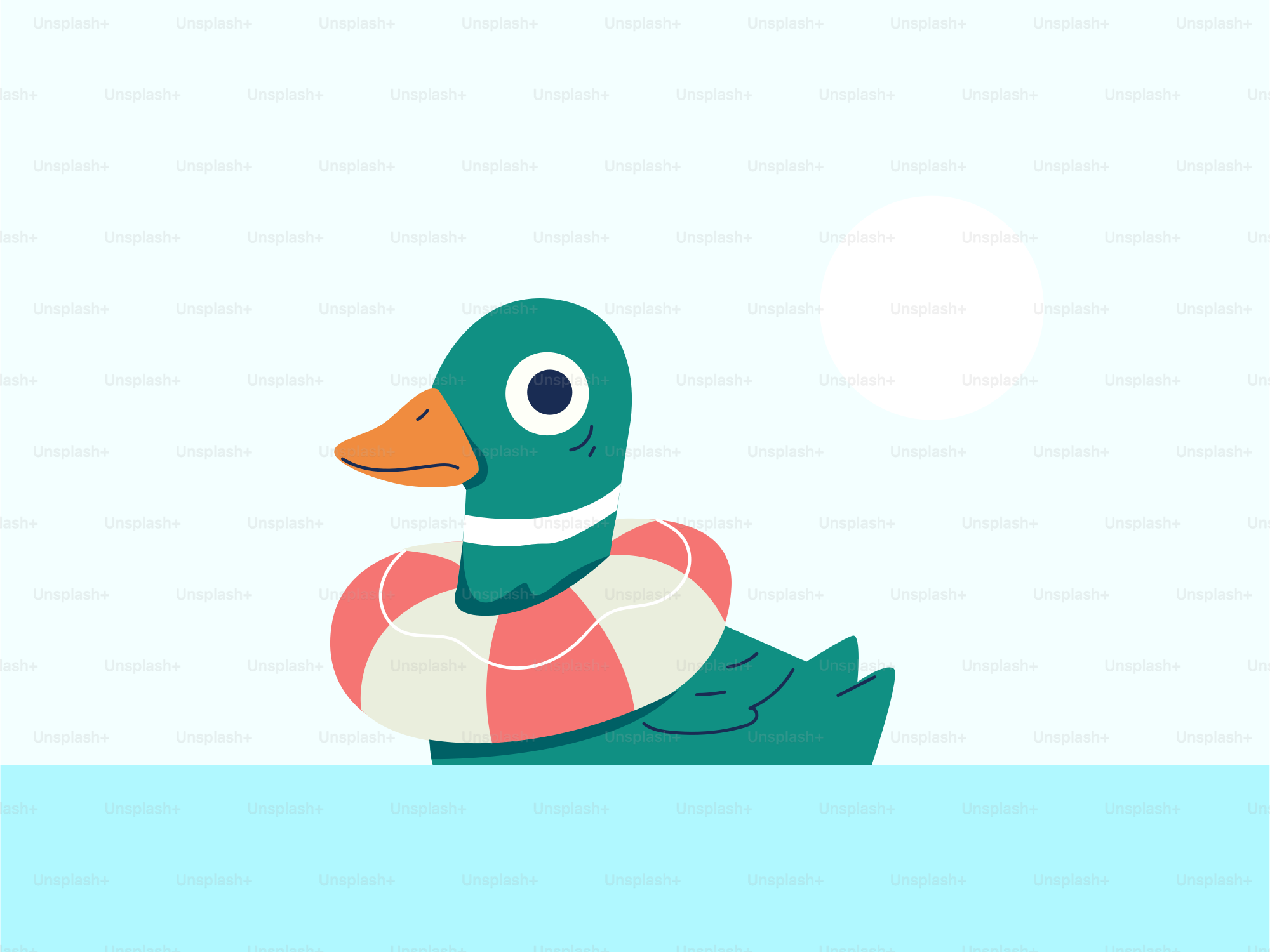 A duck is floating in the water with a life ring.