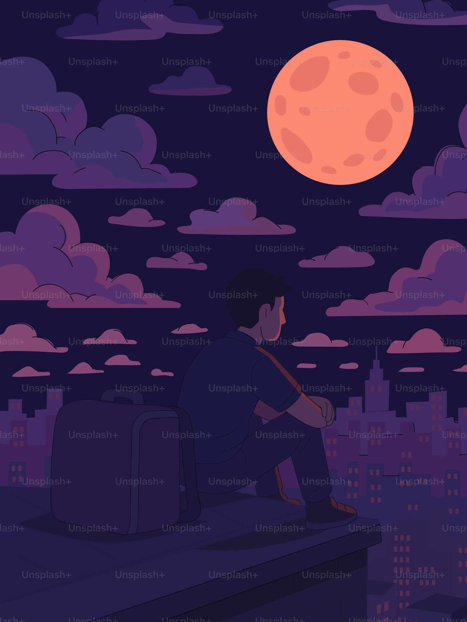 A person watches the moon over the city.