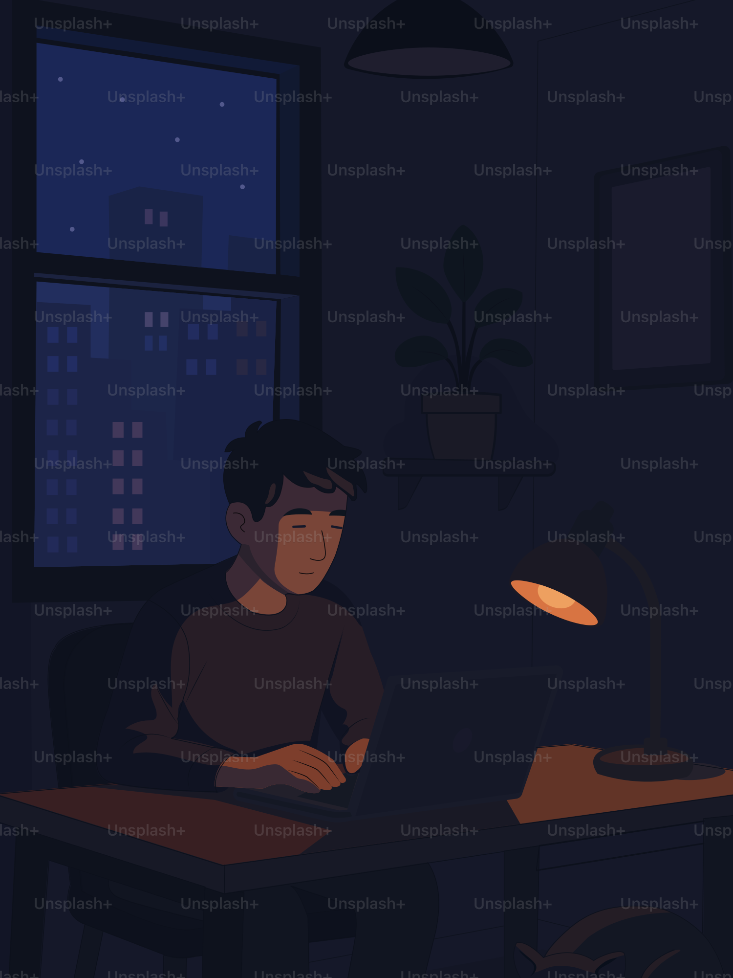 A person works on a laptop late at night.