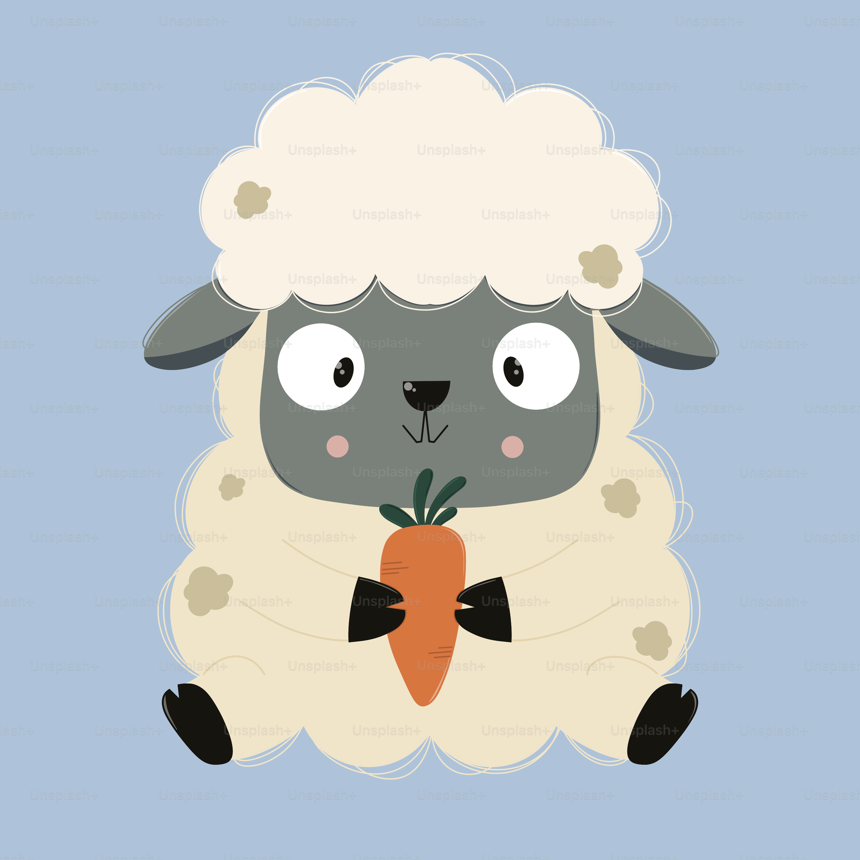 A cute sheep holds a carrot.