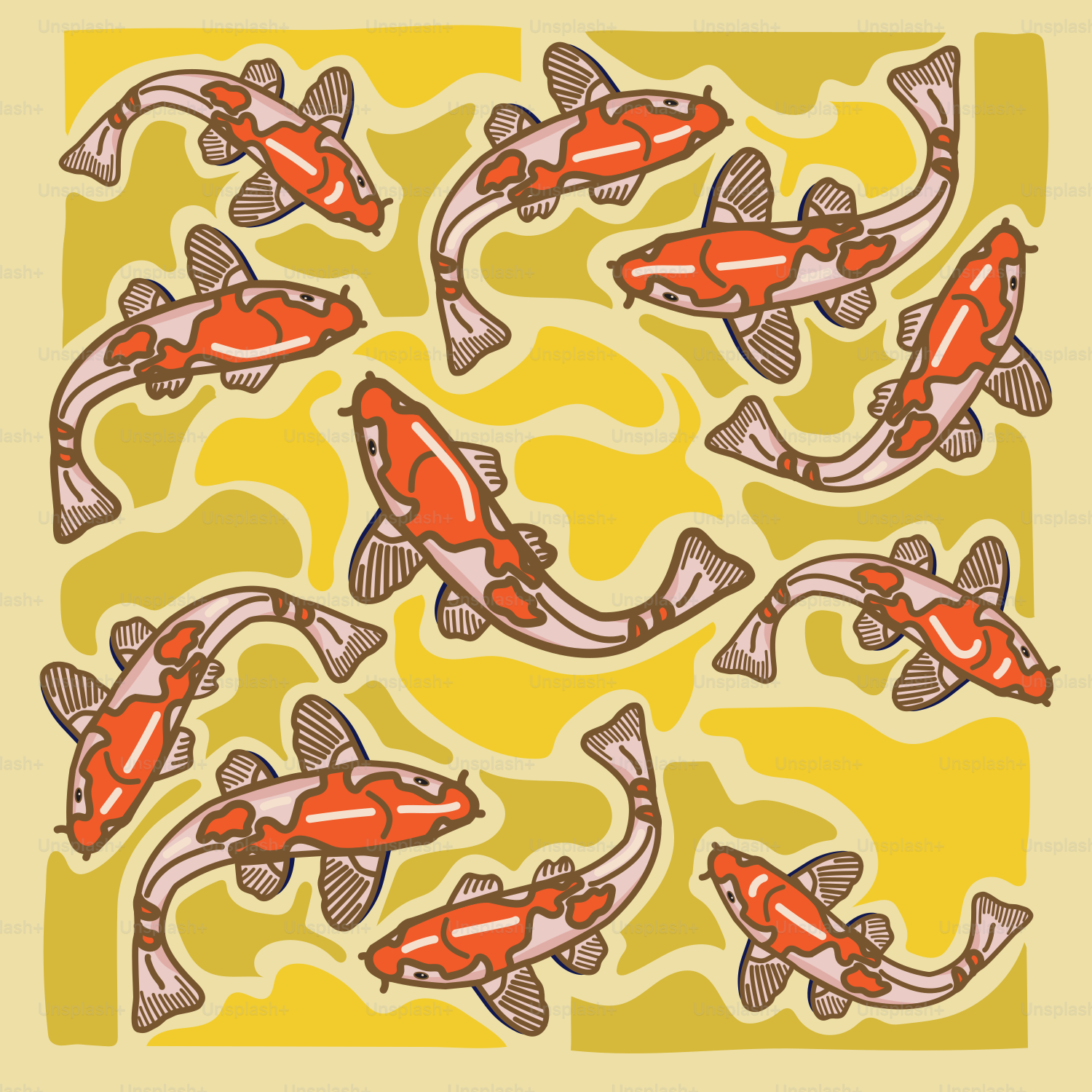 Los peces koi nadan en un estanque amarillo.