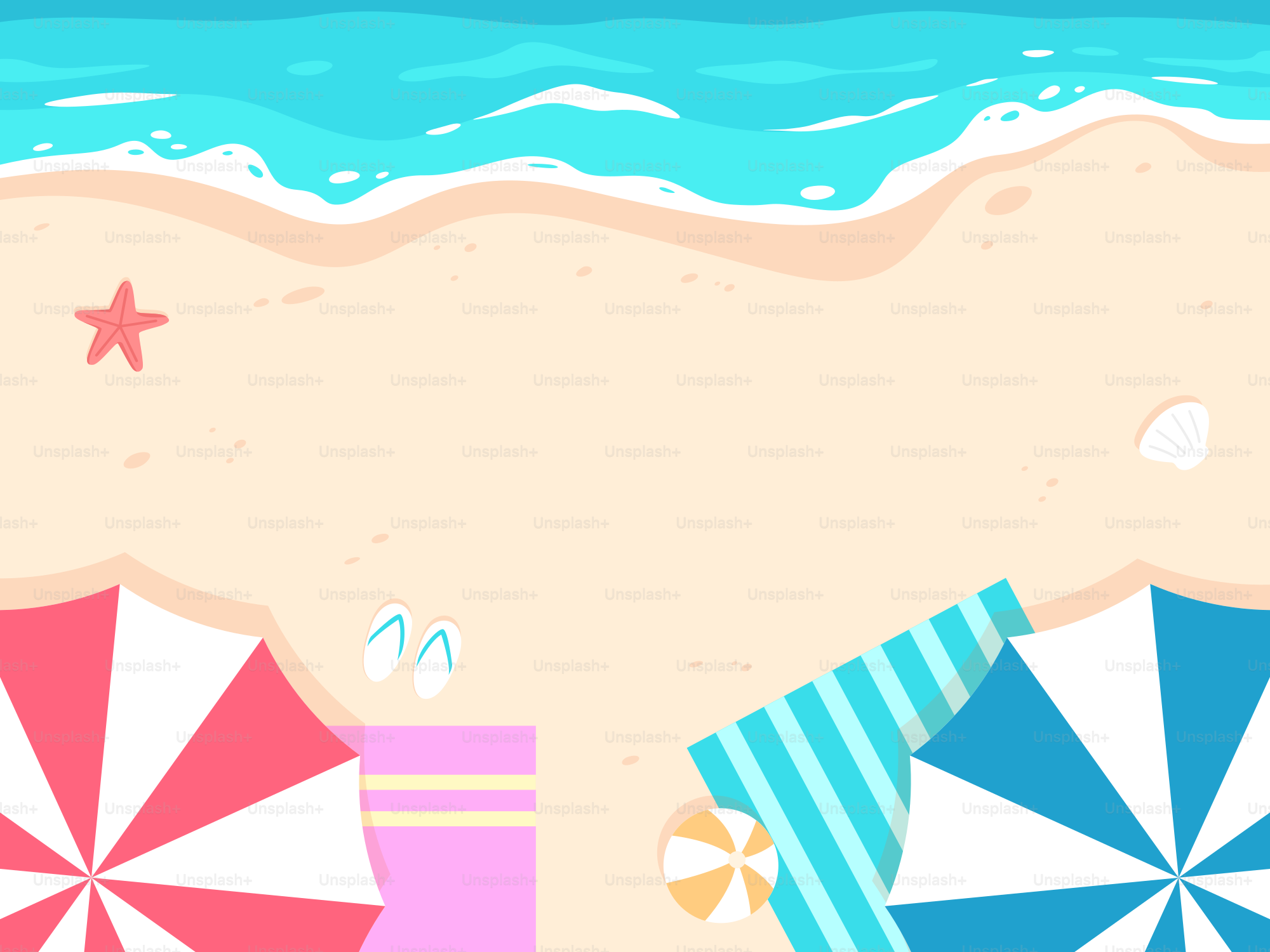 Beach scene with ocean waves, umbrellas, and towels.