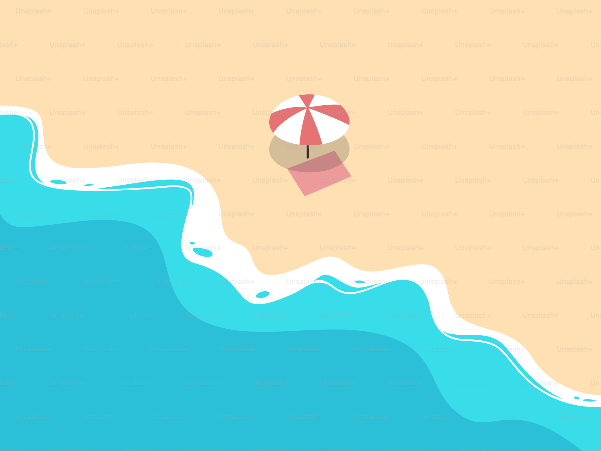 Una escena de playa con una sombrilla.