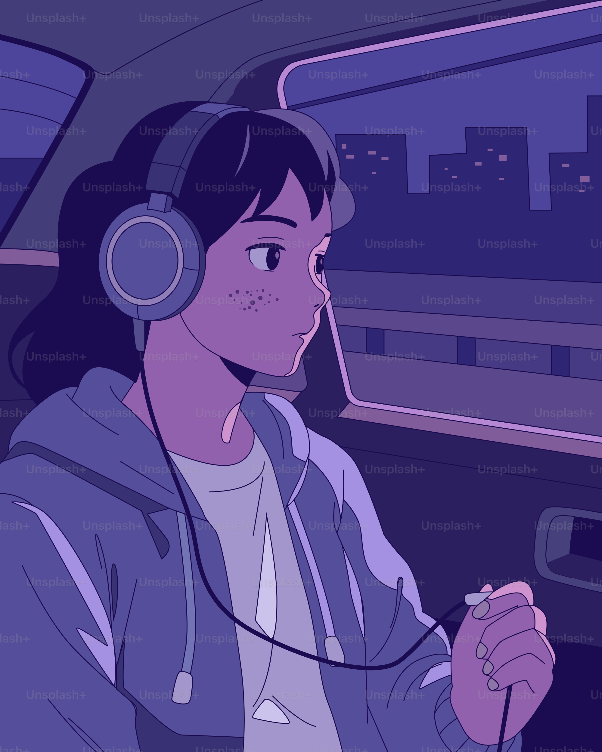 La fille écoute de la musique dans une voiture la nuit.