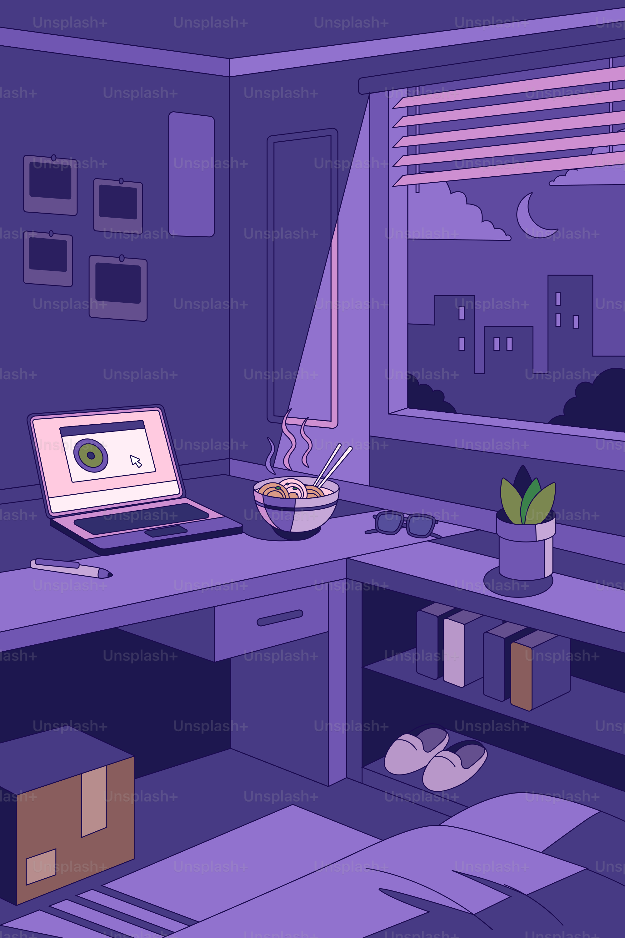 Una habitación acogedora y morada está preparada para la noche.