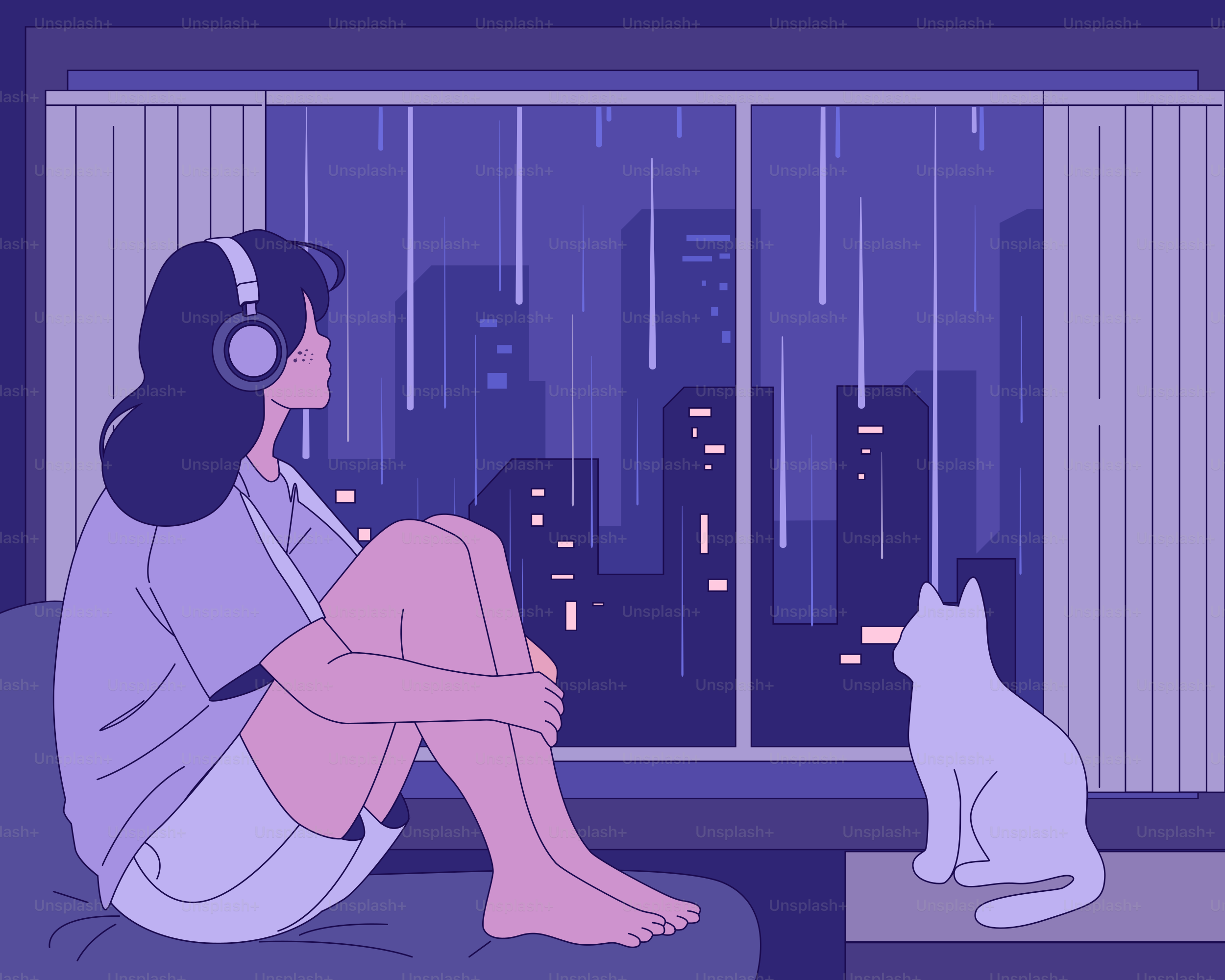 Une fille écoute de la musique, regardant la pluie.