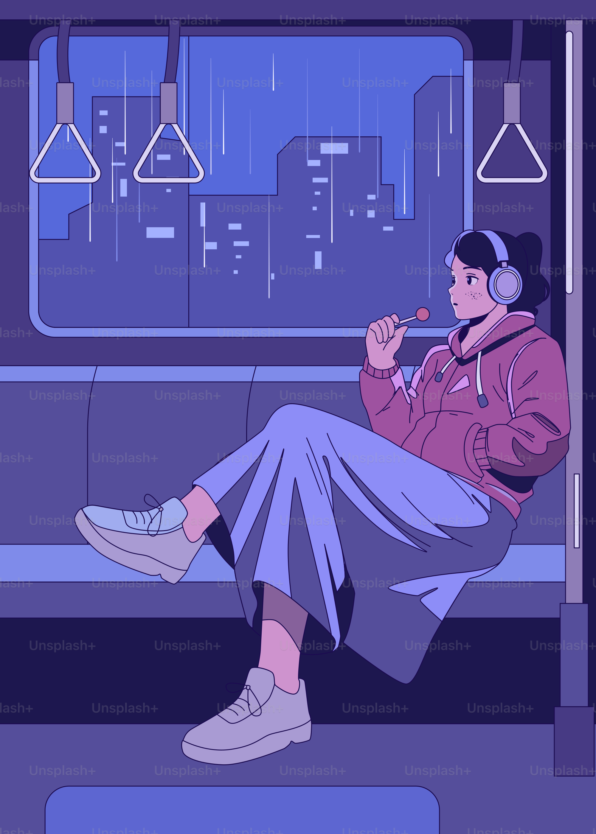 Girl on a train listening to music in the rain.