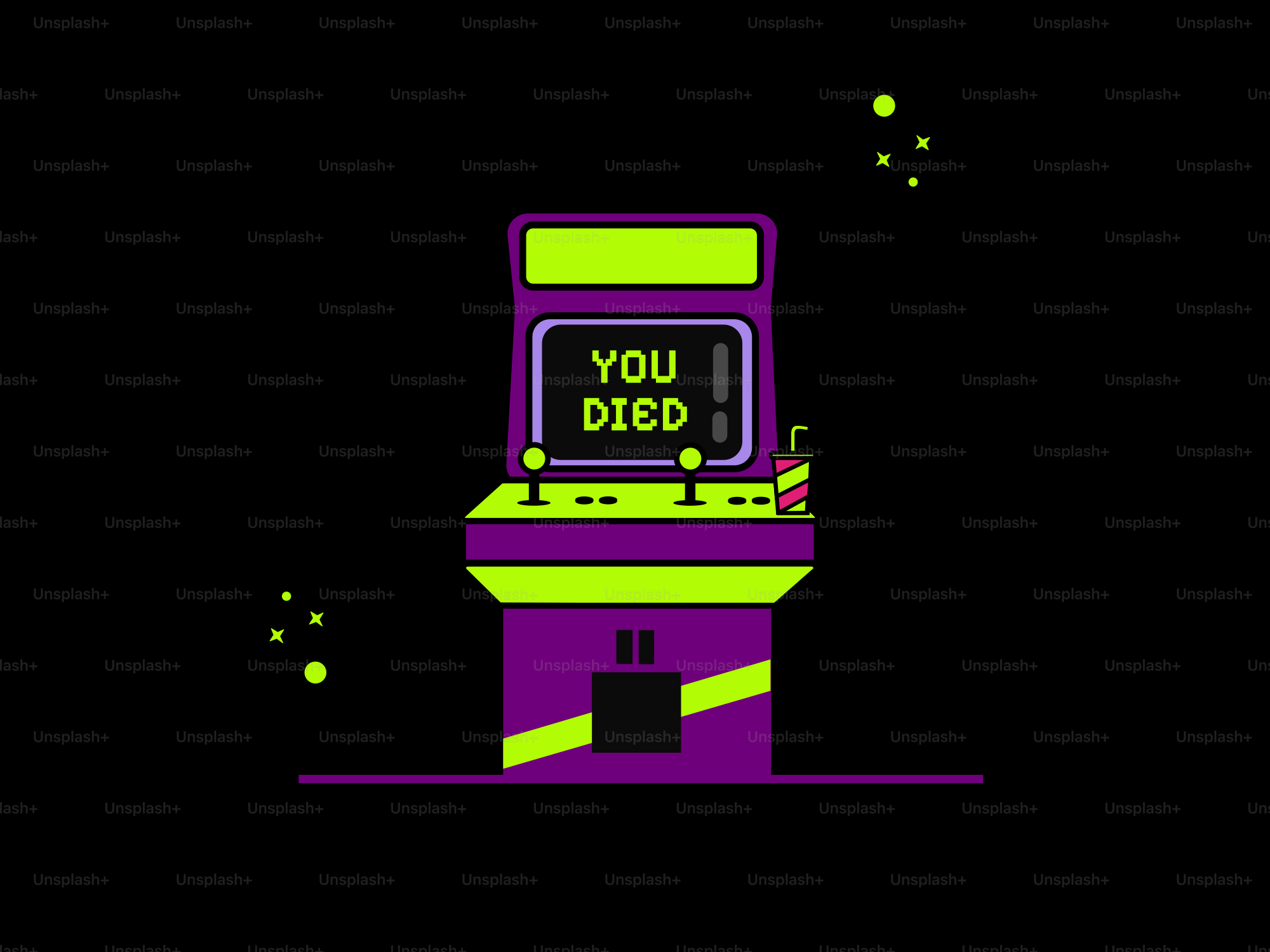The arcade game over screen displays "you died."