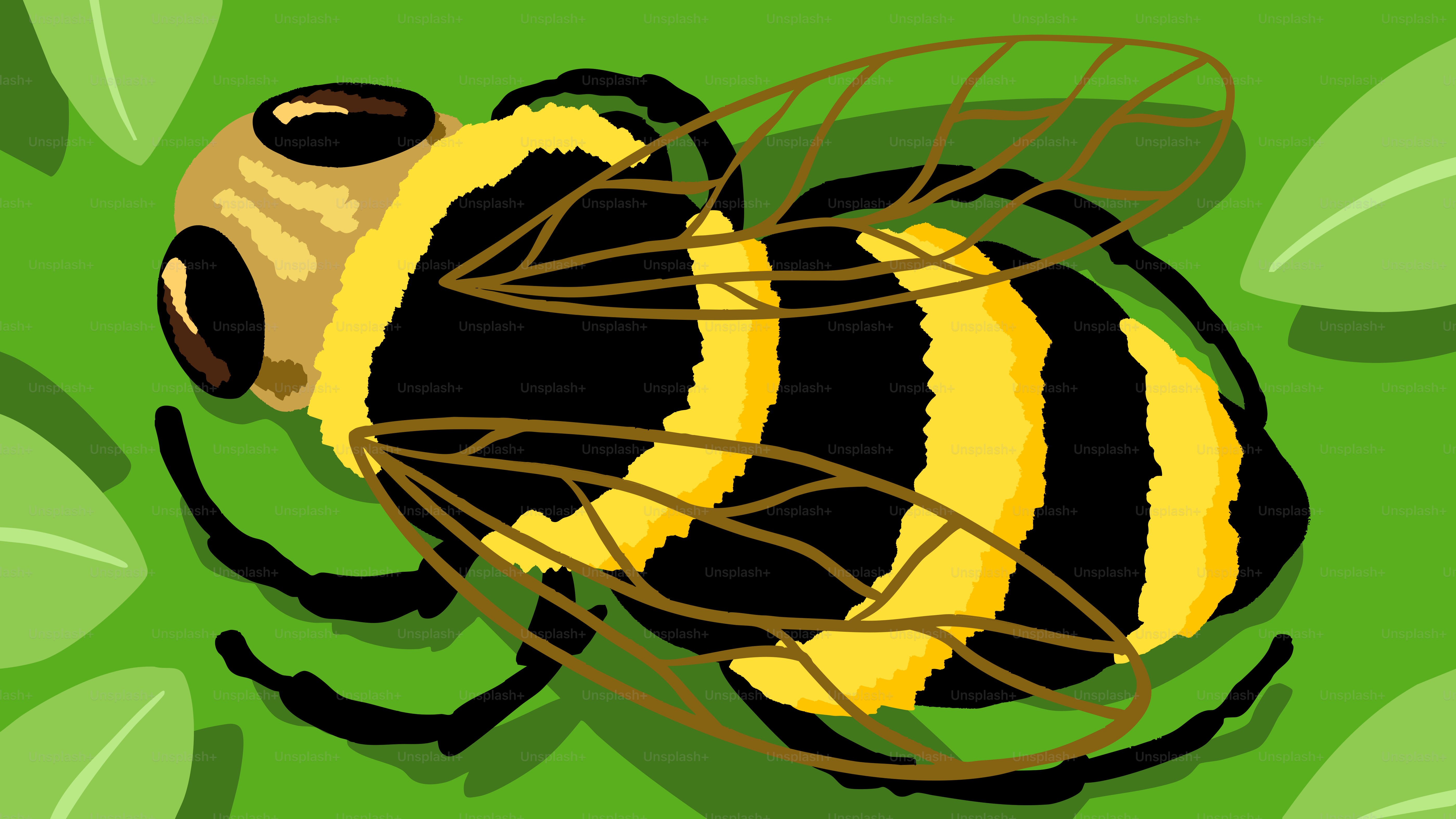 A cartoon bee is resting on green leaves.