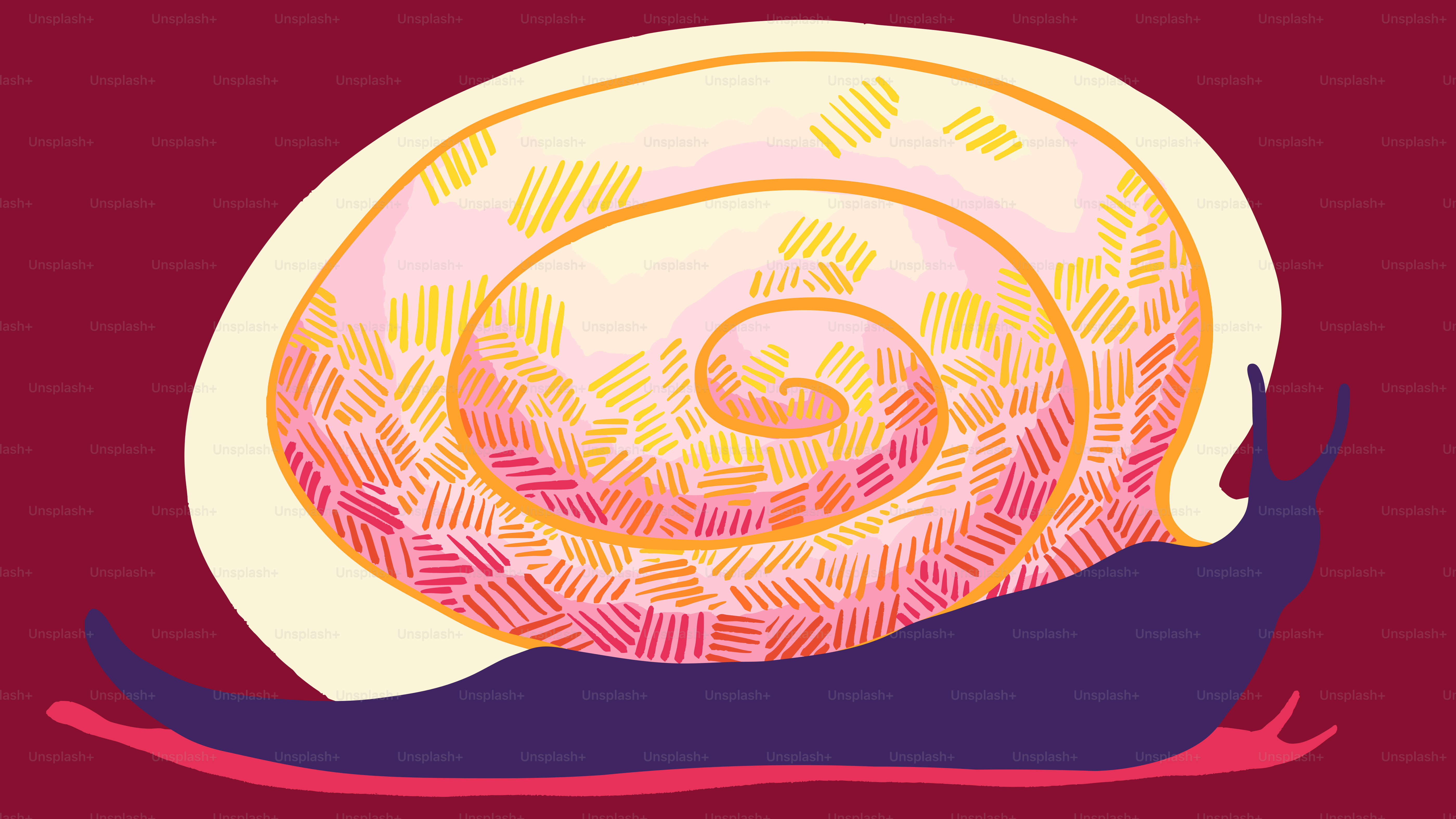 A colorful snail illustration on a dark red background.