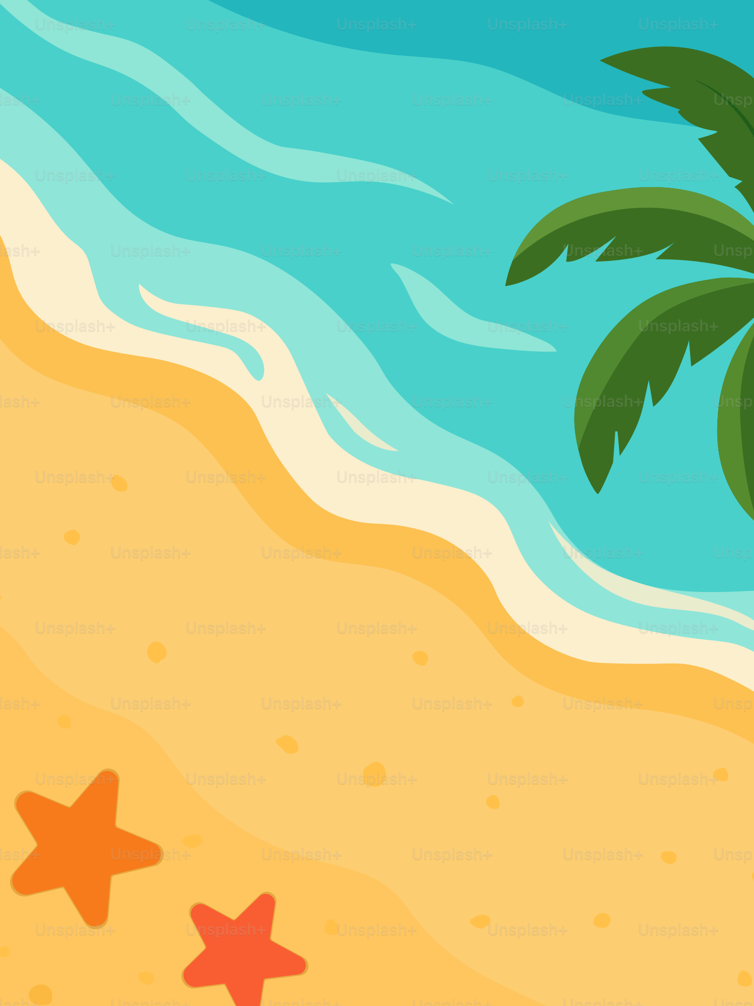 Beach scene with palm trees and starfish.