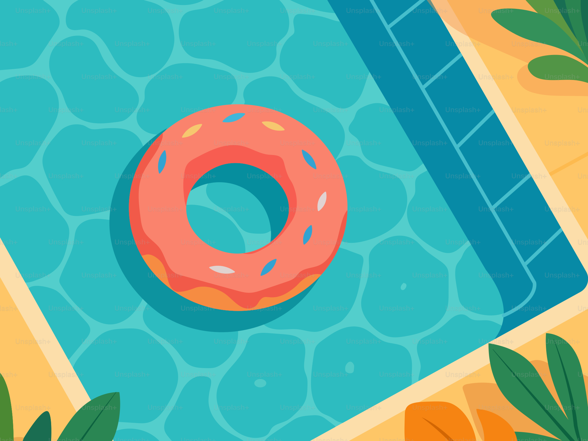 さわやかなスイミングプールでドーナツが浮かんでいます。