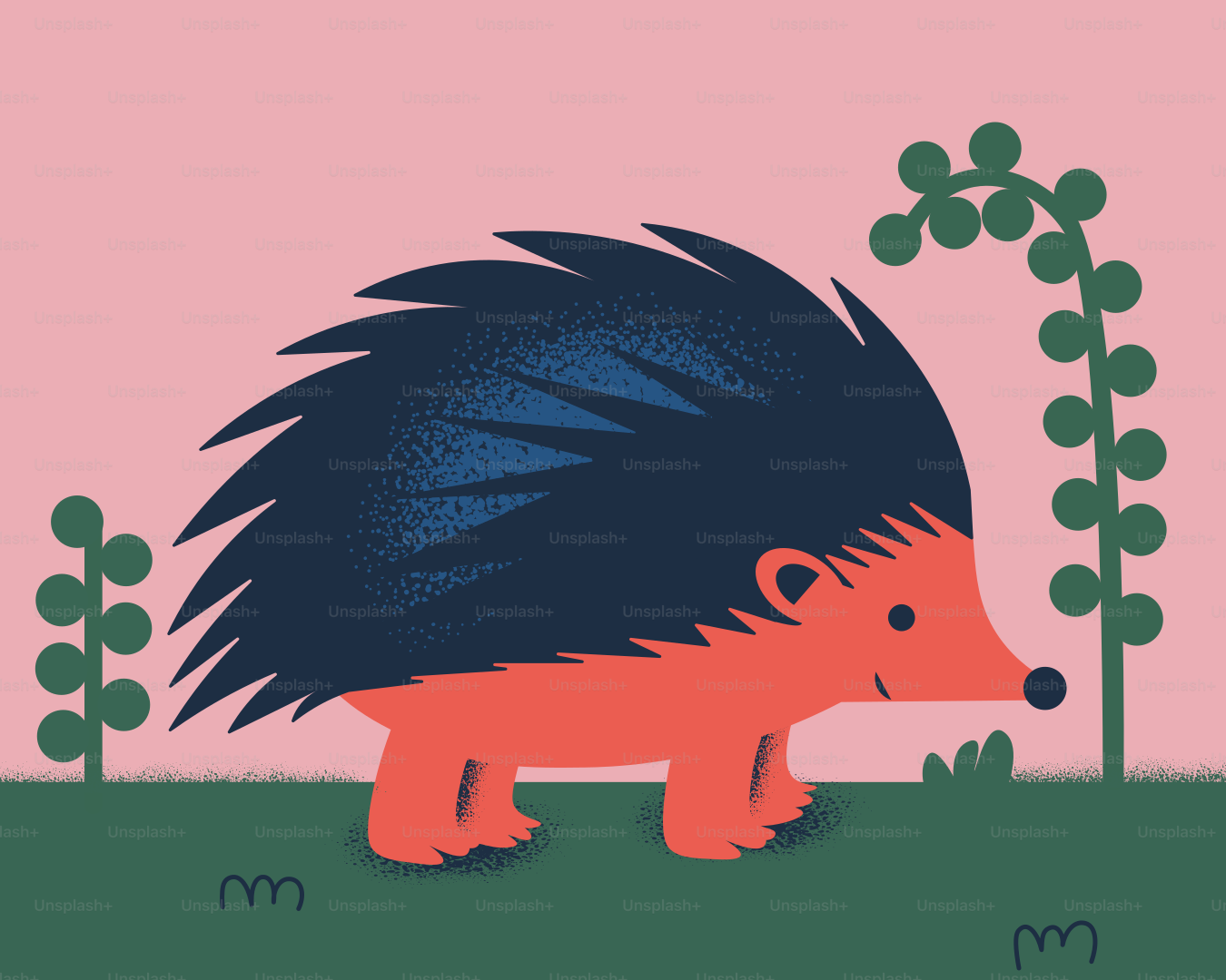 A cute cartoon hedgehog walks amidst greenery.