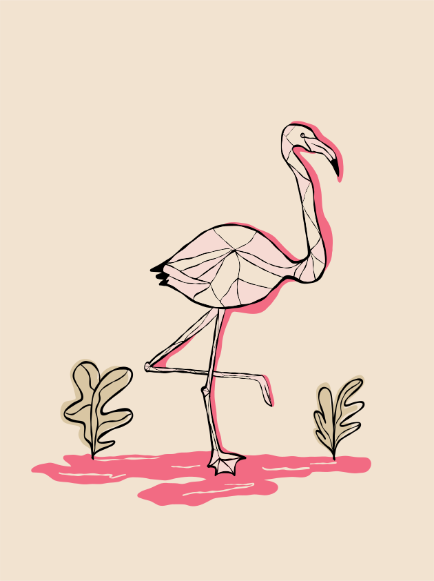 Um flamingo rosa se ergue elegantemente entre a folhagem