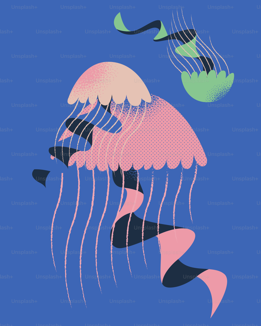 Two stylized jellyfish float in deep blue water.