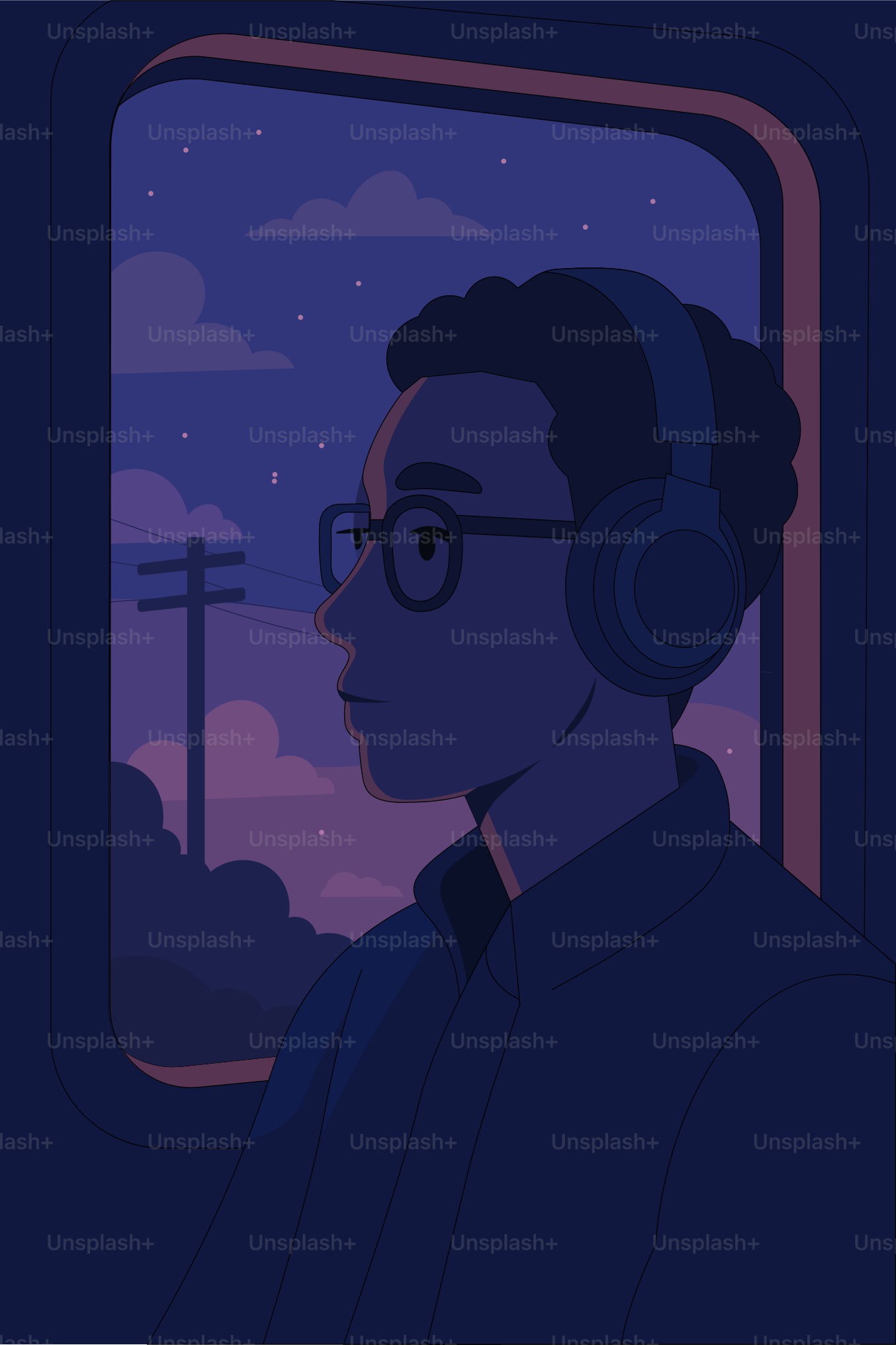 A person listens to music while looking out a train window.