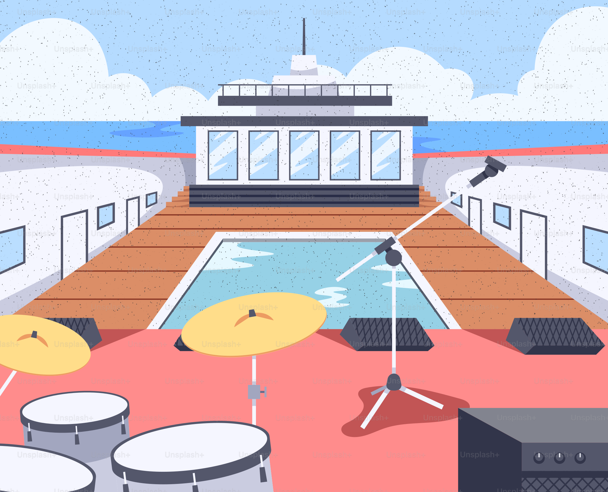 A cruise ship stage set for a performance.