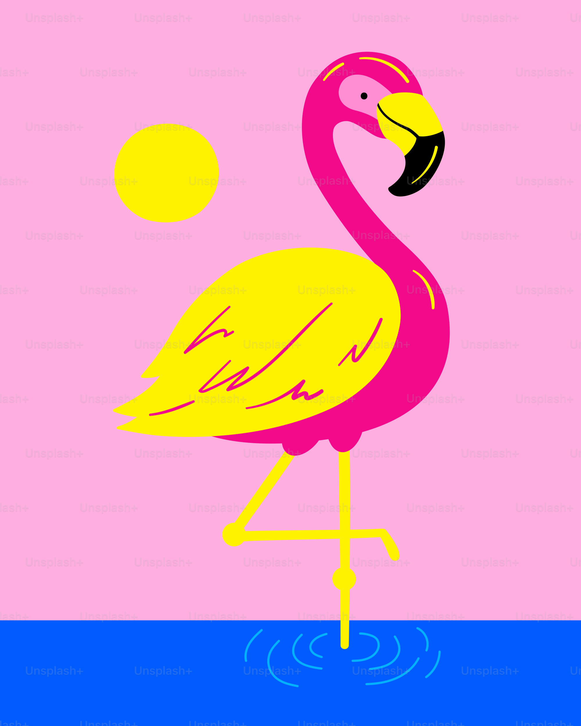 A colorful flamingo stands in water near the sun.