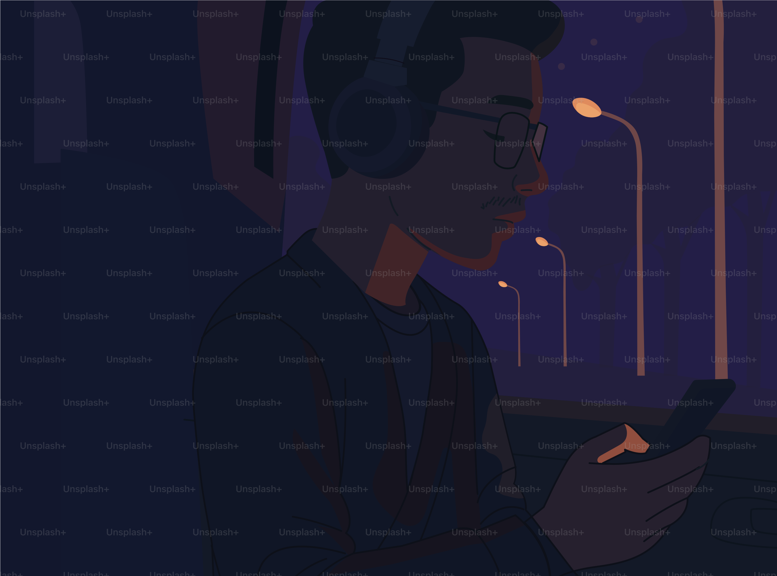 A man is listening to music at night.