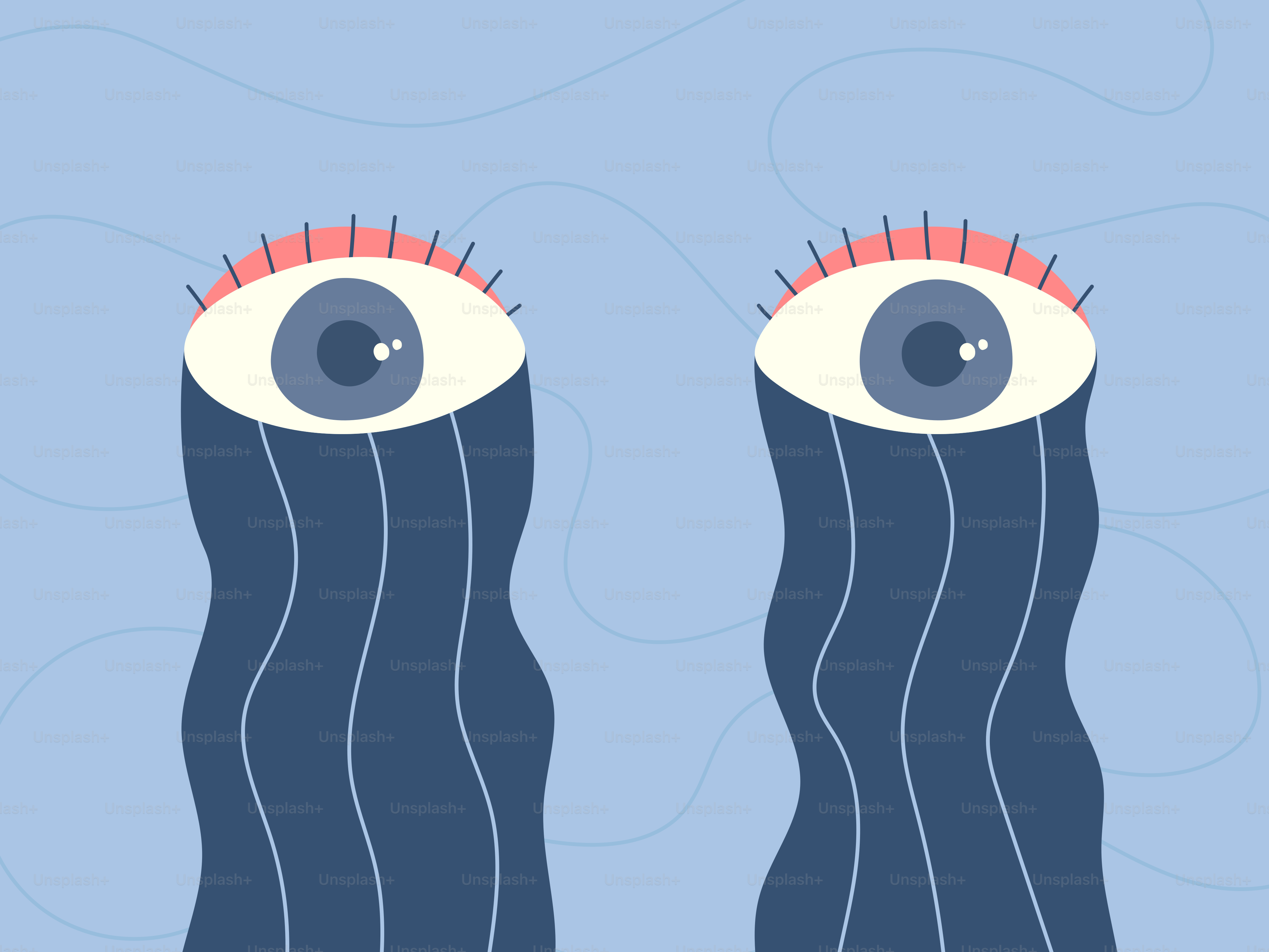 Two eyes with flowing, blue hair look forward.