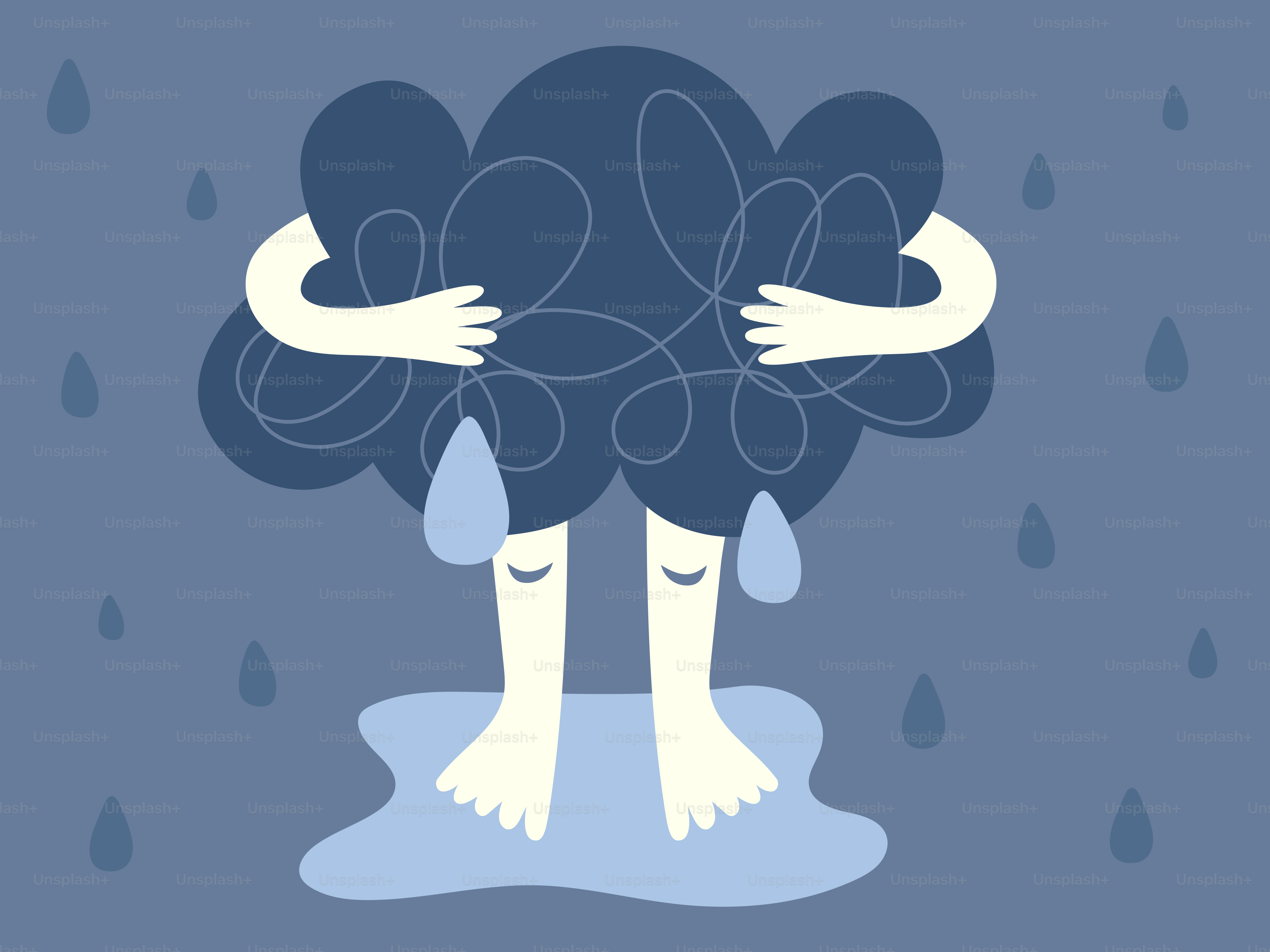 A sad cloud embraces itself while crying.