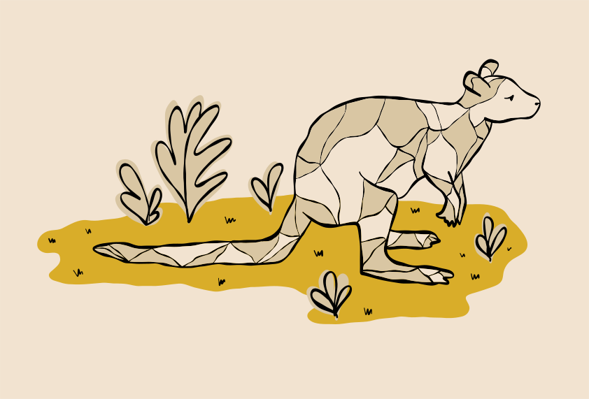 A stylized kangaroo walks in the grass