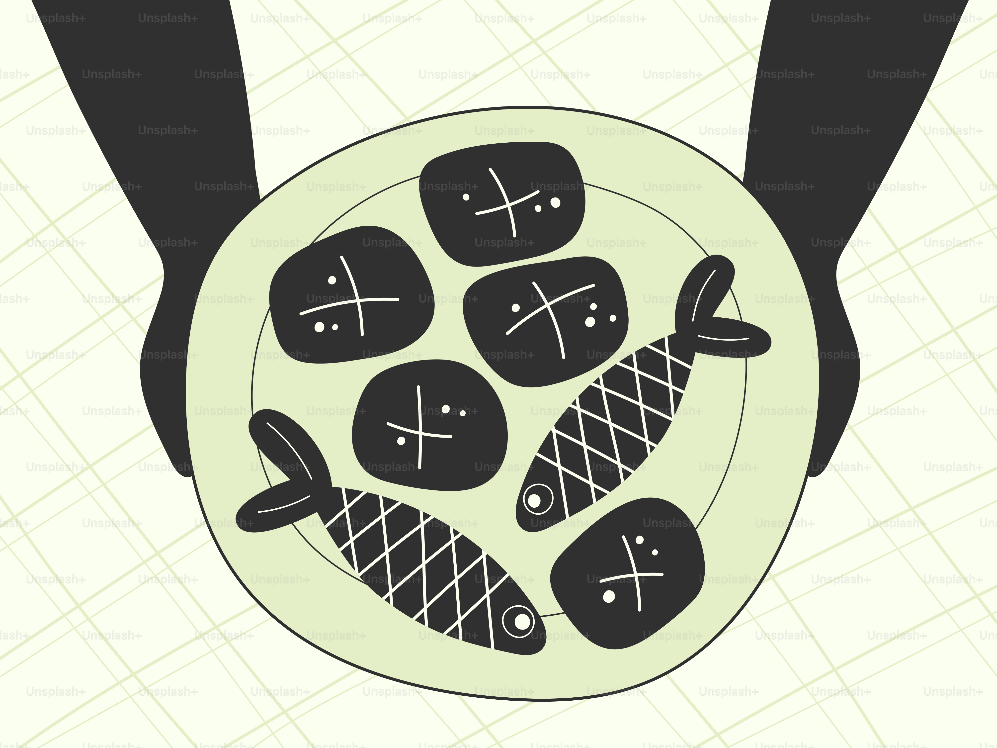Hands holding a plate of food with fish.