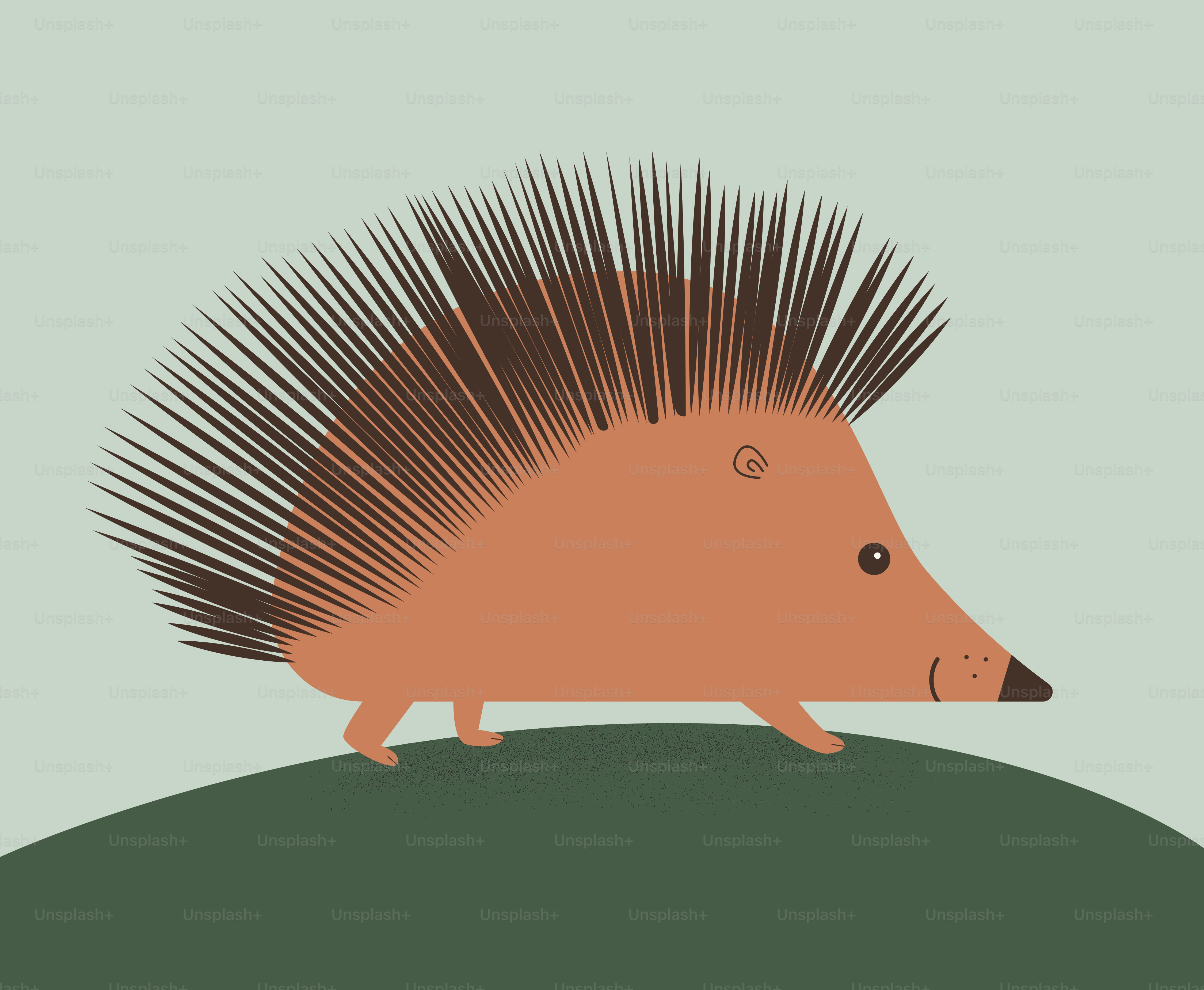 Um ouriço dos desenhos animados está andando em um monte.