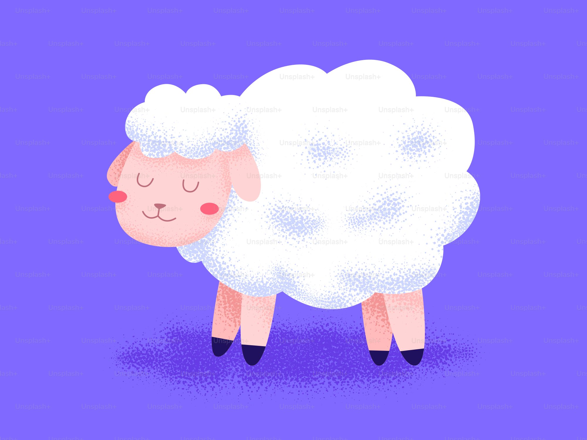 A cute cartoon sheep against a purple background.