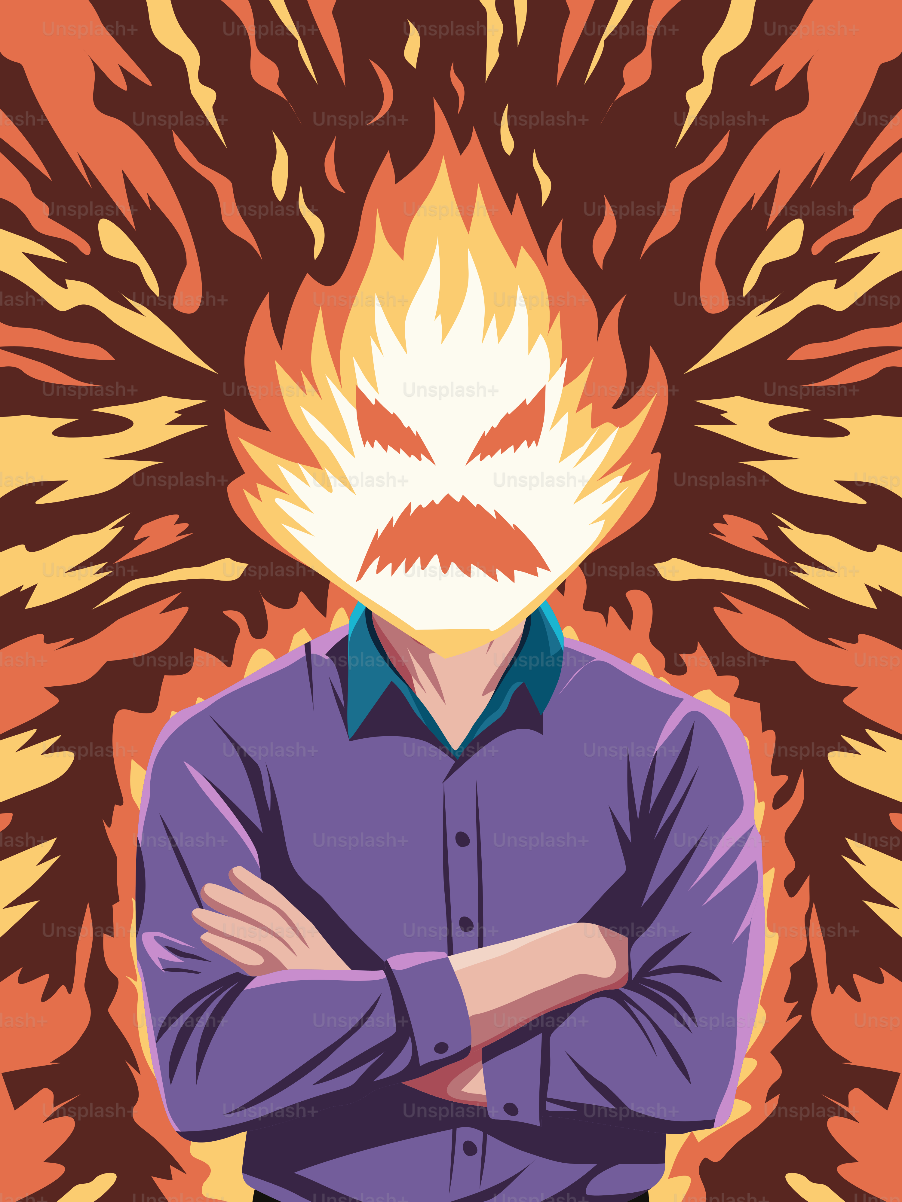 燃えるような頭の男はとても怒っているように見えます。