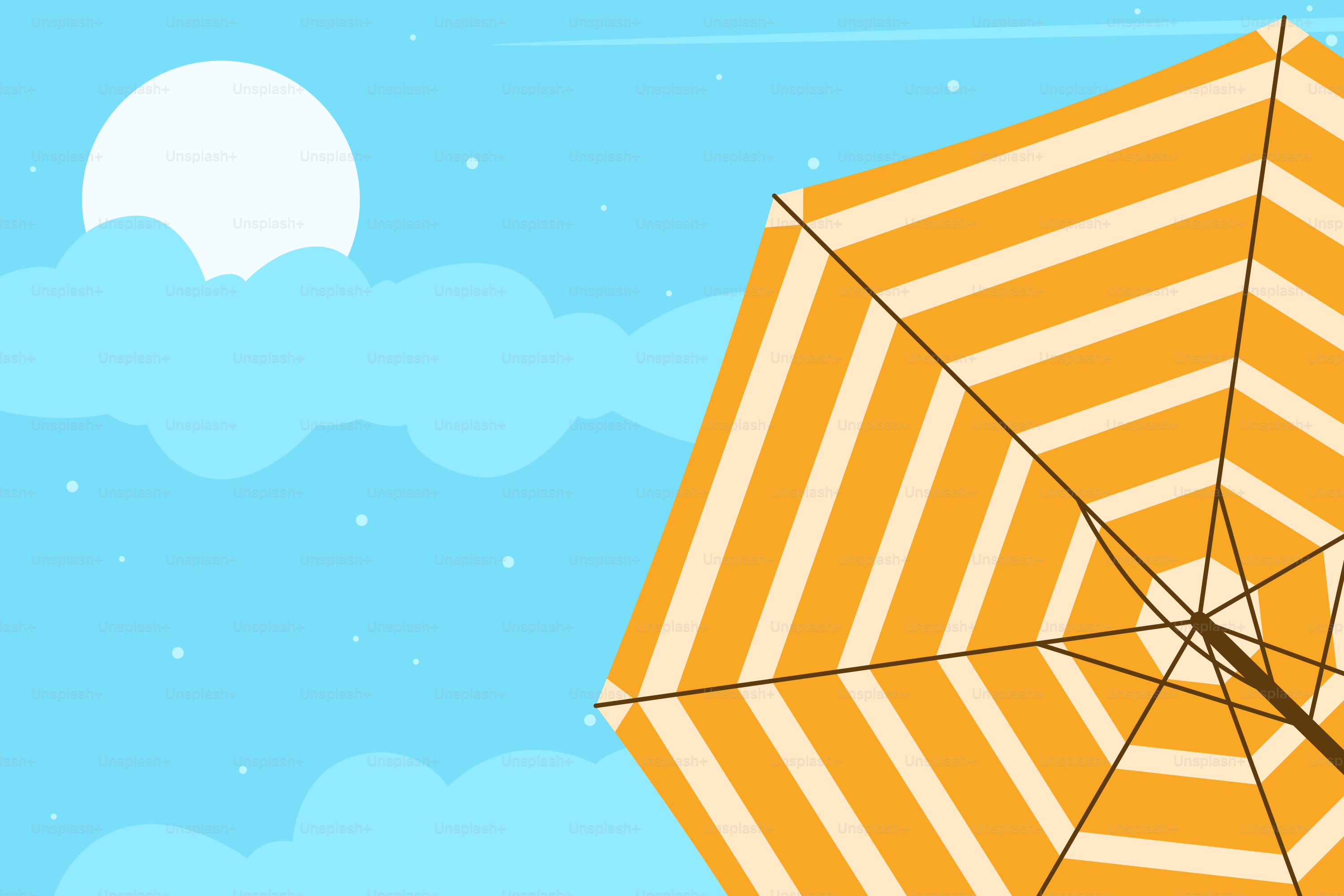 Summer scene with beach umbrella and blue sky.