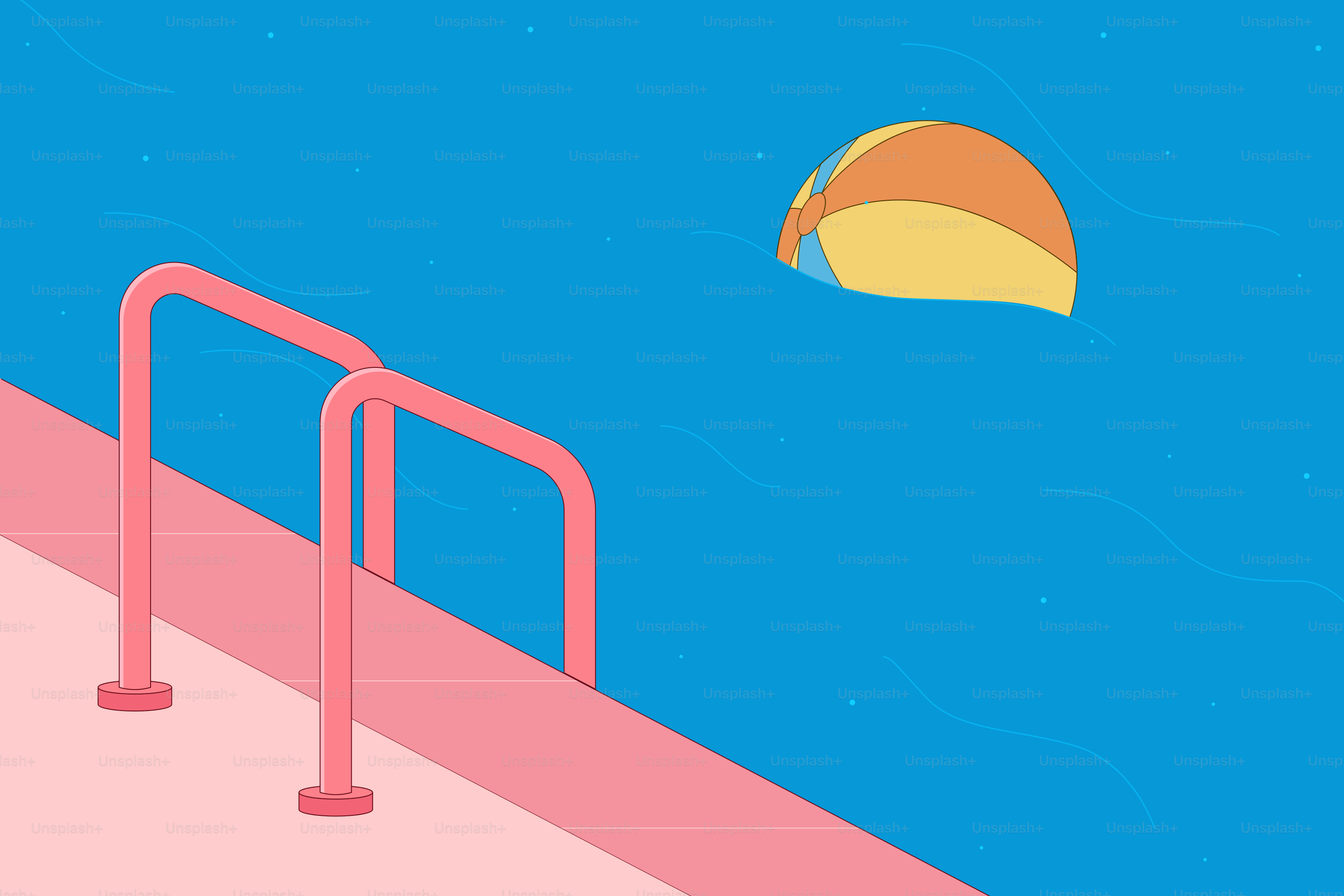 Rosa Pool und ein Strandball im blauen Wasser.