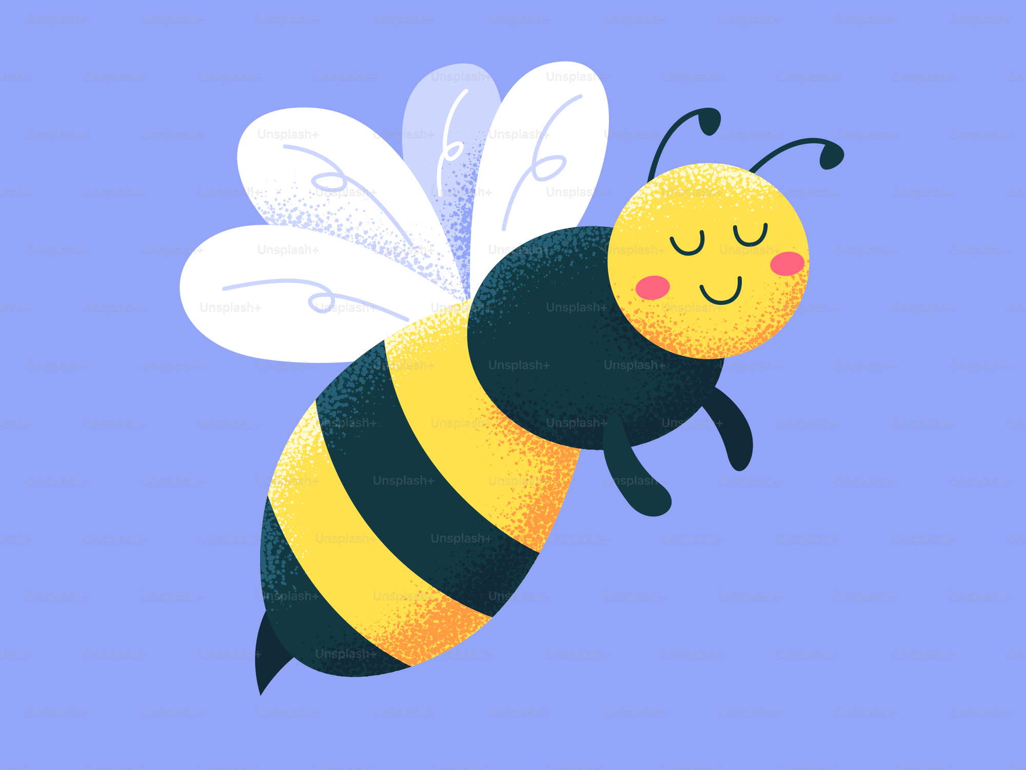 A happy bee flies on a blue background.