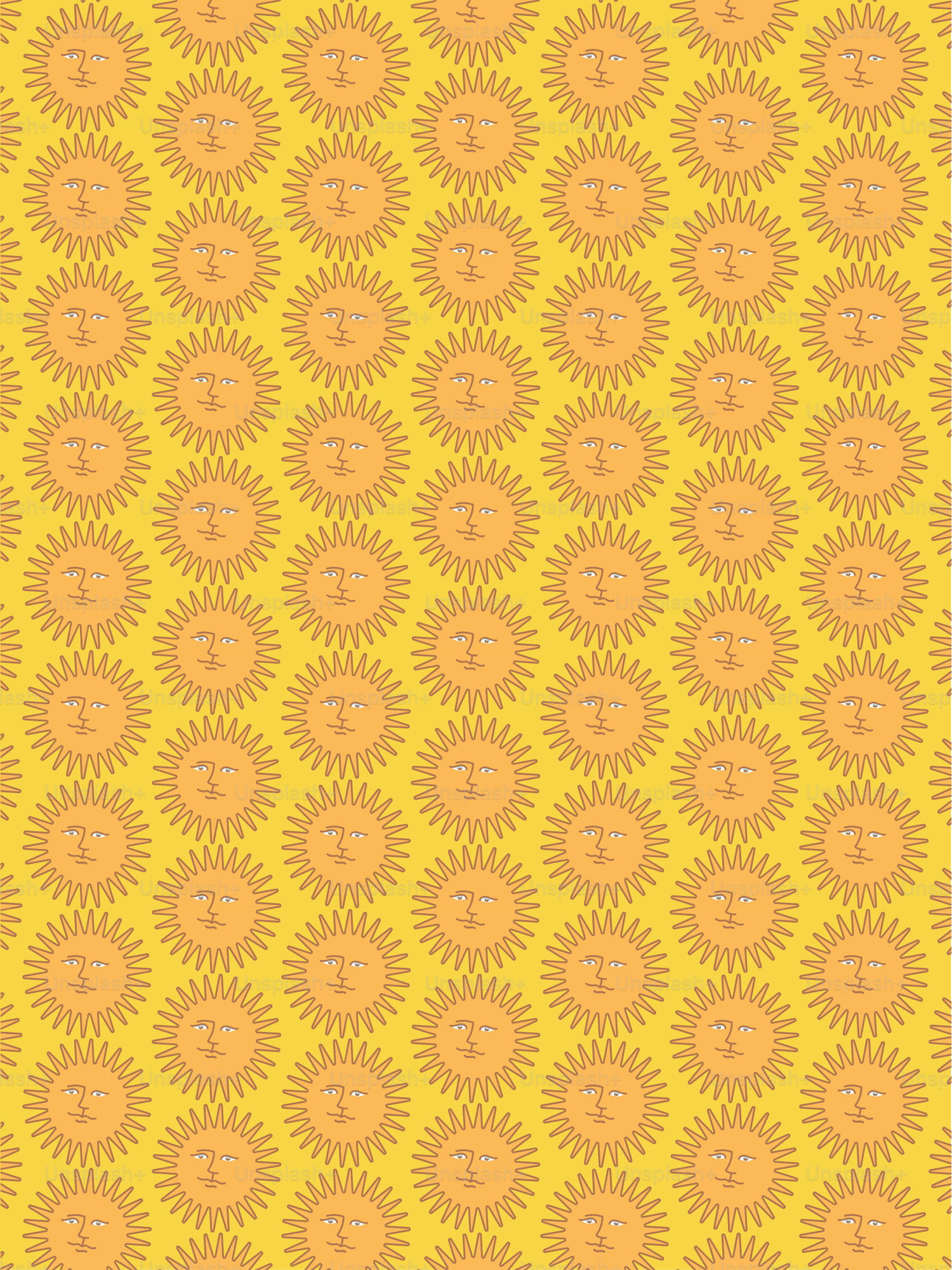 Repeating pattern of suns on a yellow background.