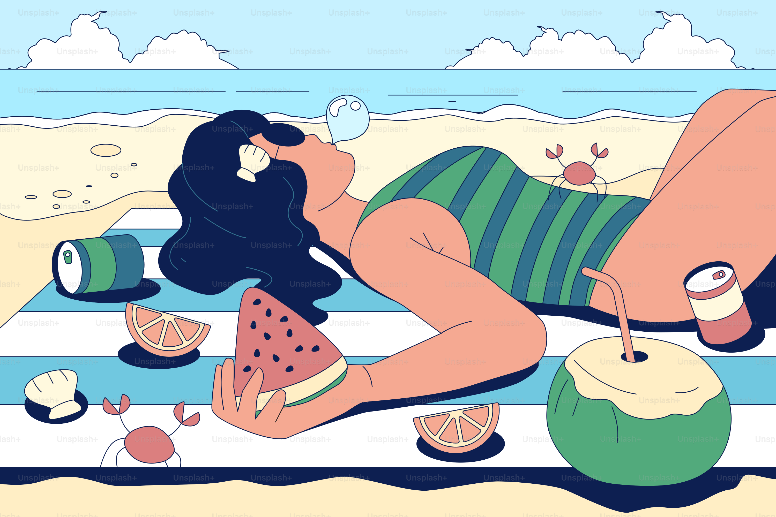 Die Frau entspannt sich am Strand mit Snacks und einer Blase.