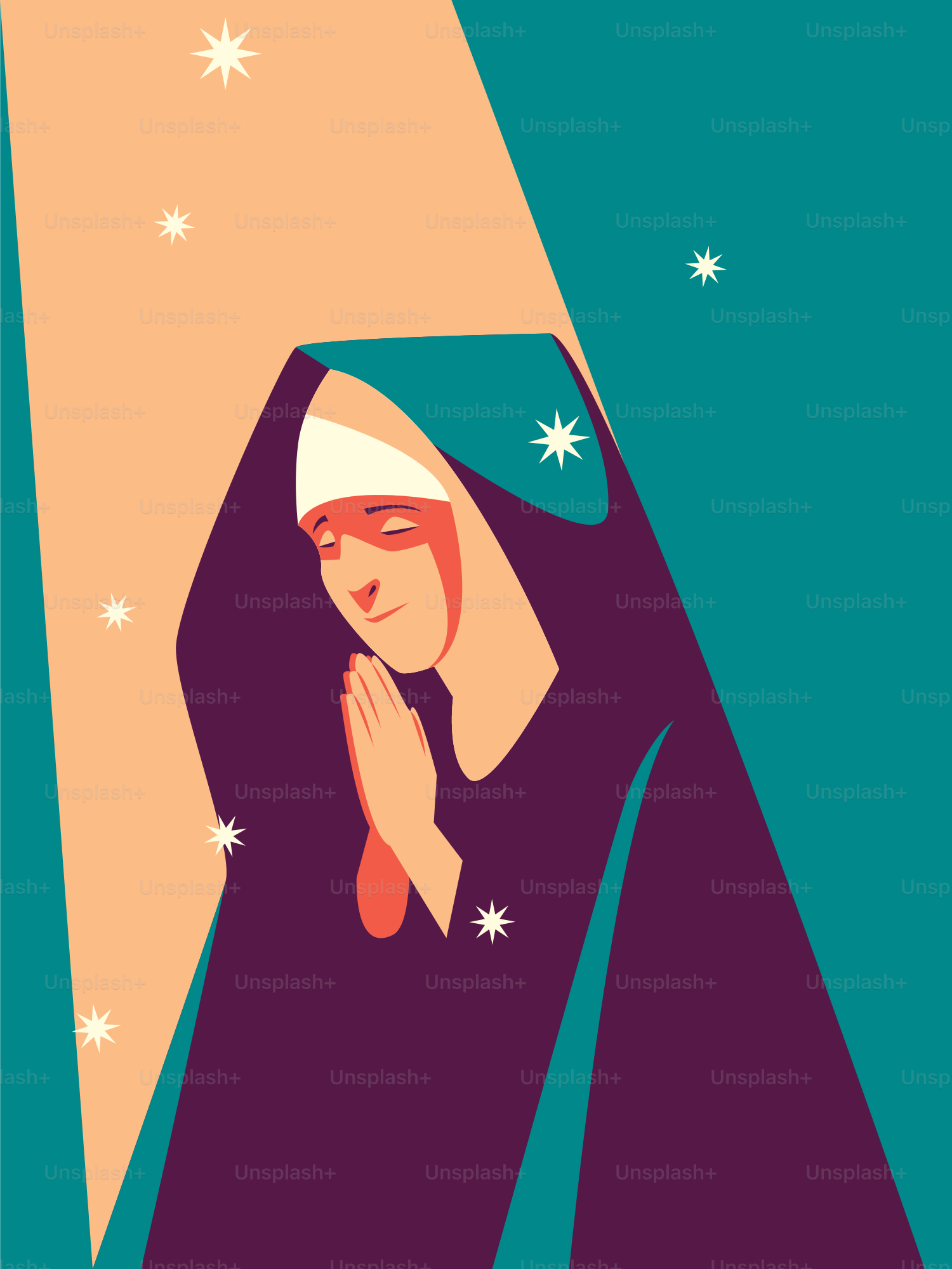 Uma freira reza em um raio de luz.