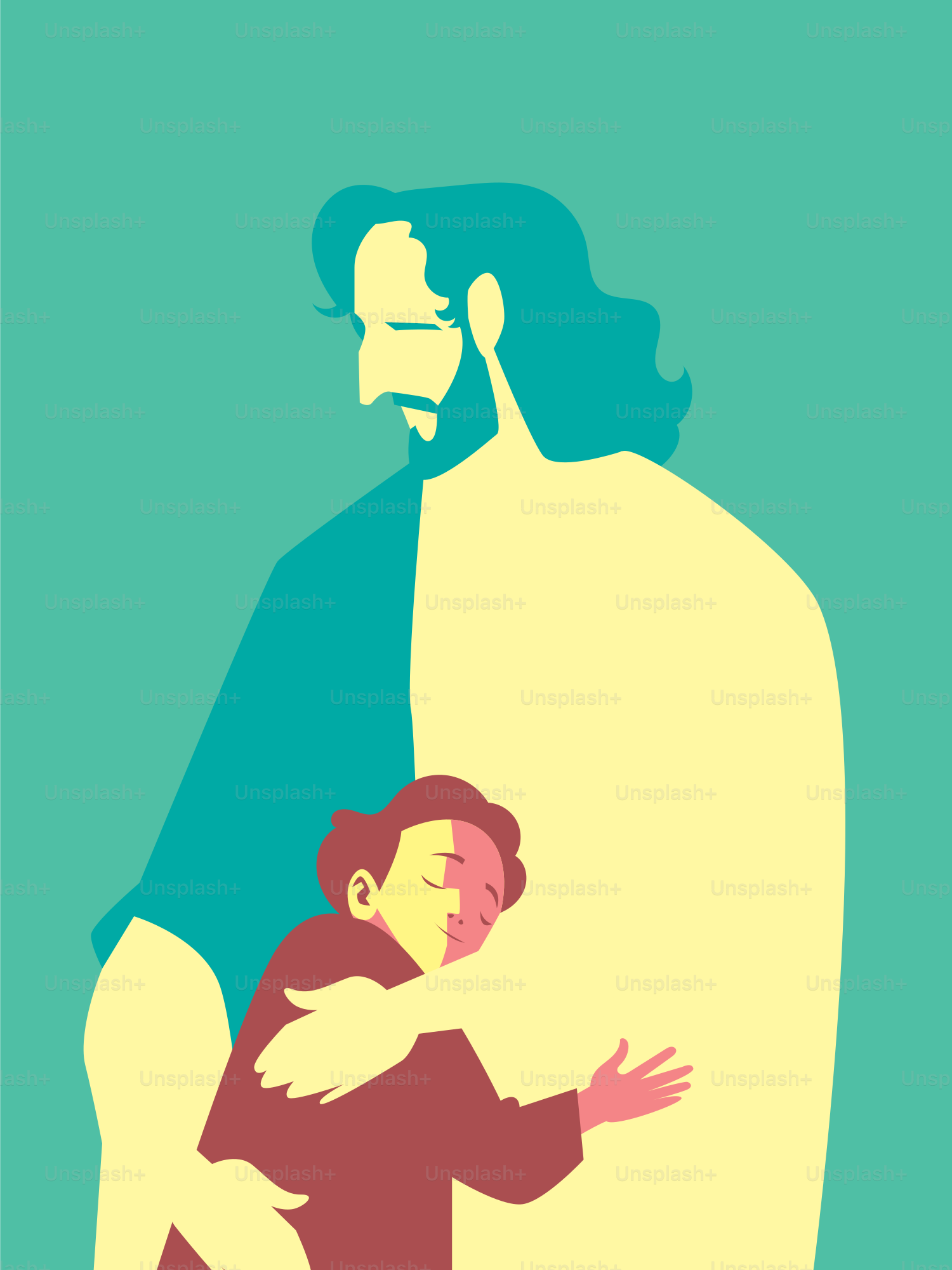 Jésus embrasse avec amour un enfant à bras ouverts.