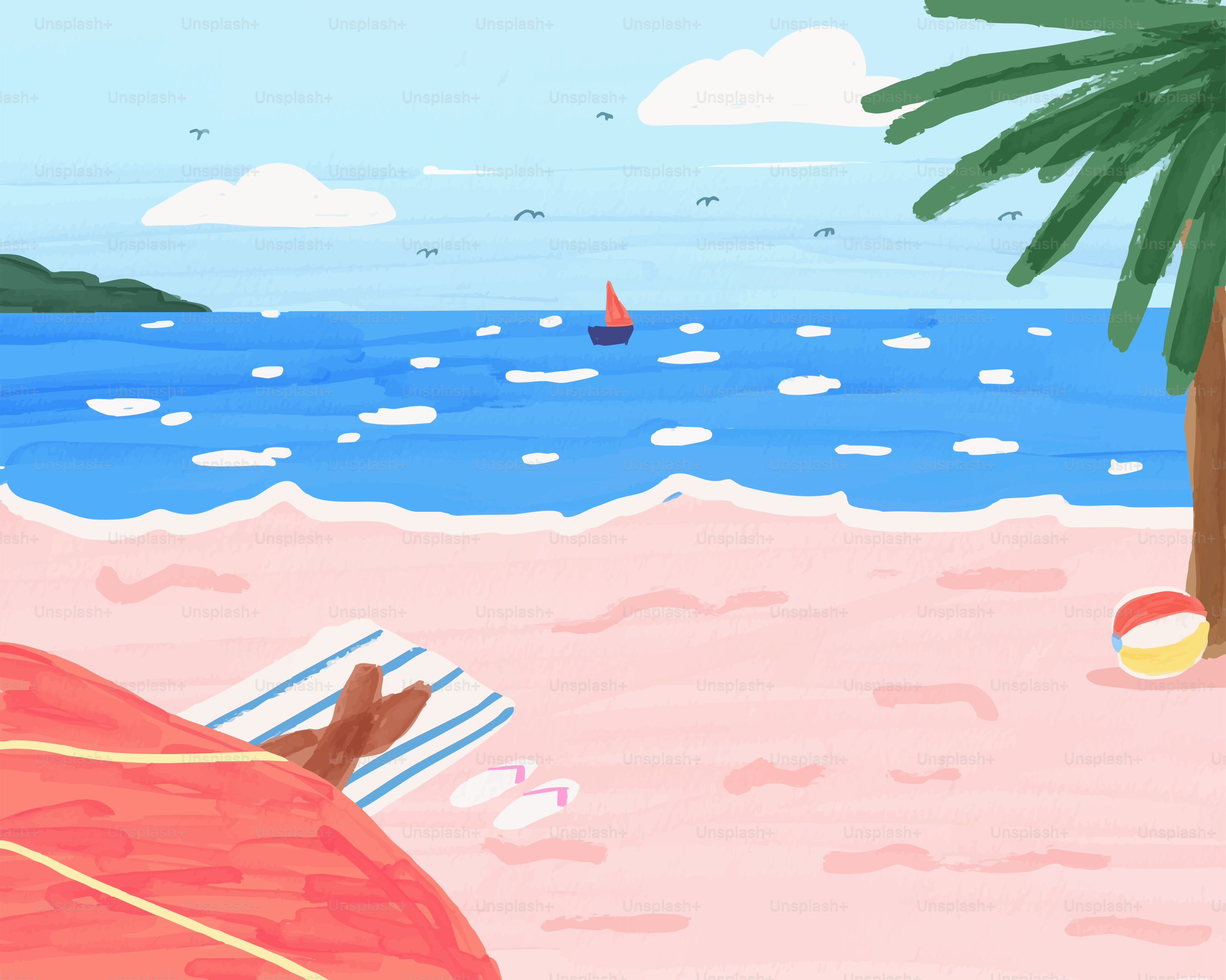 A beautiful beach scene with a sailboat.