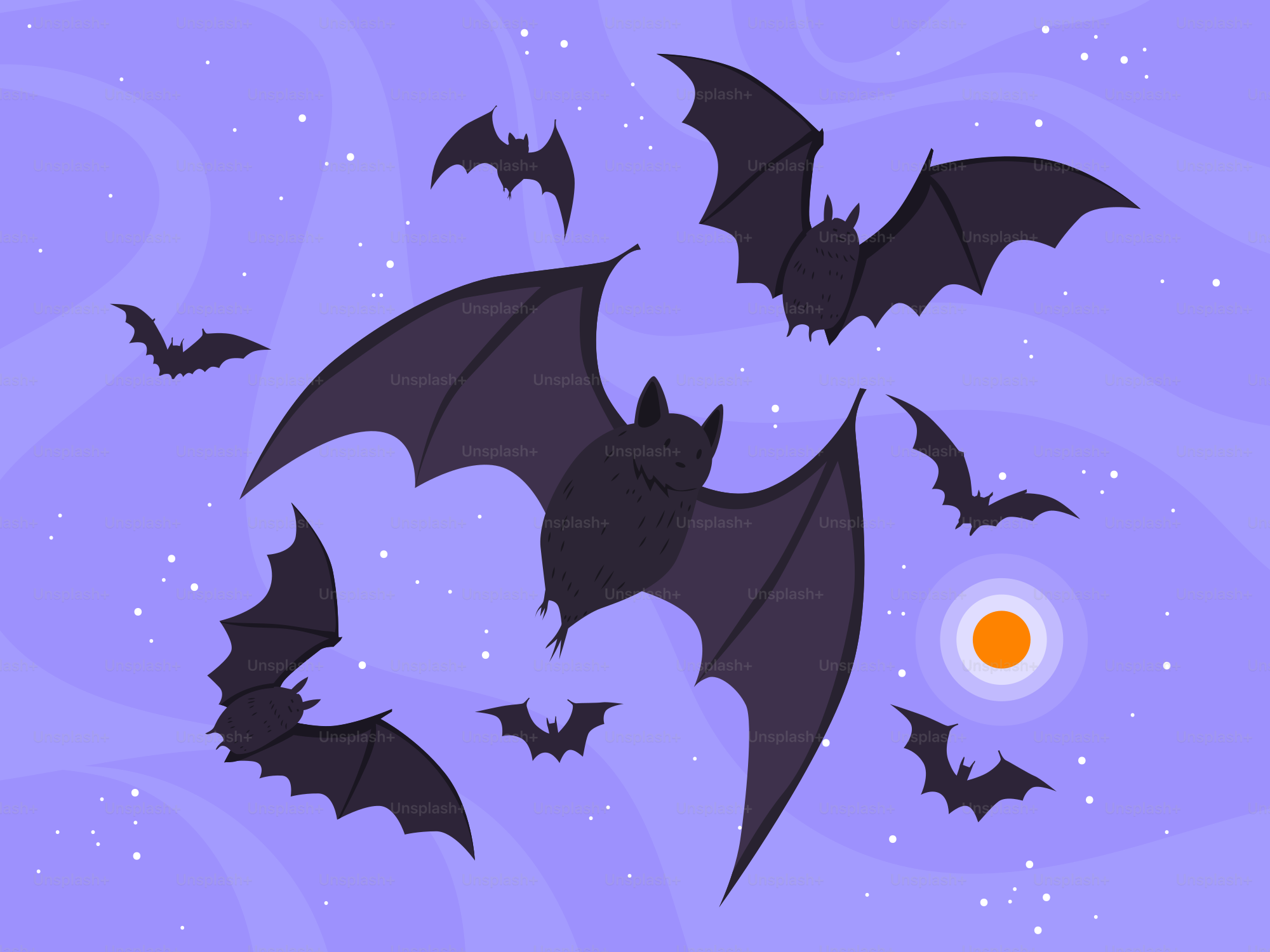 Bats fly against a purple night sky.