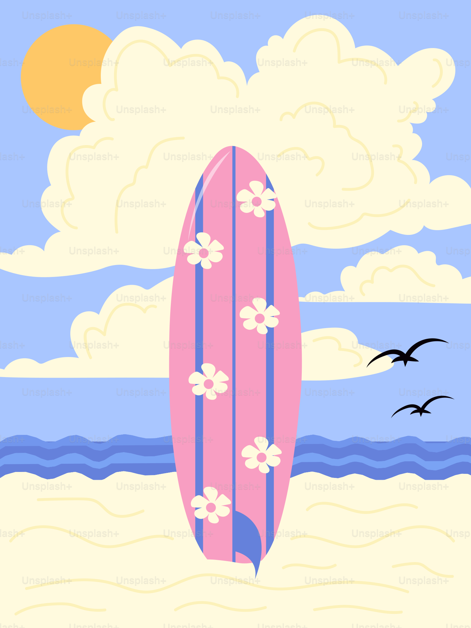 Ein Surfbrett steht bei Sonnenuntergang am Strand.